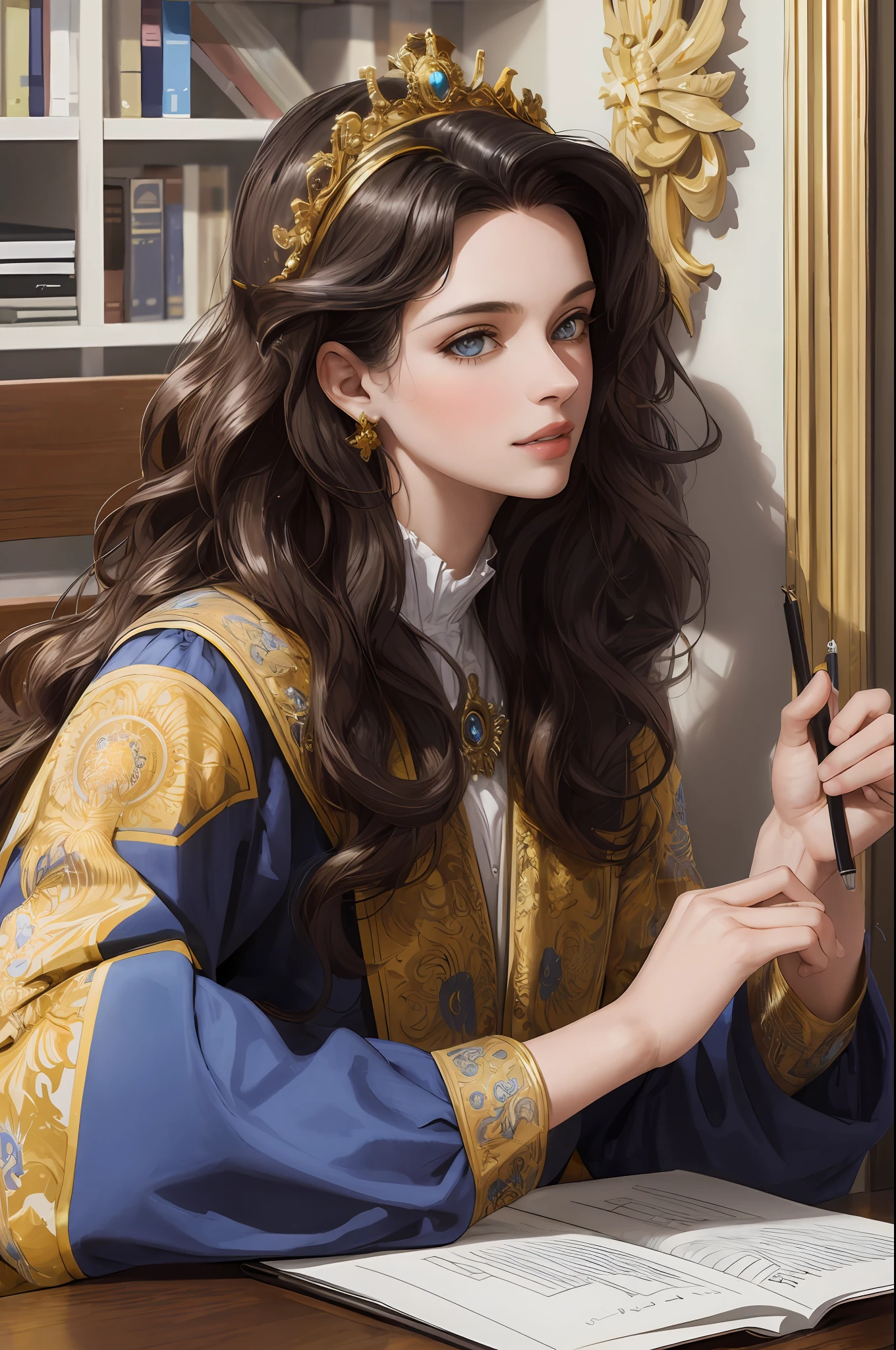 (Masterpiece: 1.2, Best Quality), Realistic, (Realistic Picture, Complex Details, Depth of Field), Best Quality, Masterpiece, Highly Detailed, Semi Realistic, 1 Girl, Mature, 21 Years Old, Black Hair, Long Hair, Curly Hair, Long-haired left eye, blue pupil, blue royal clothes, golden cloak, slim figure, precious gold crown, reading documents, quill pen, office desk, soft stool
