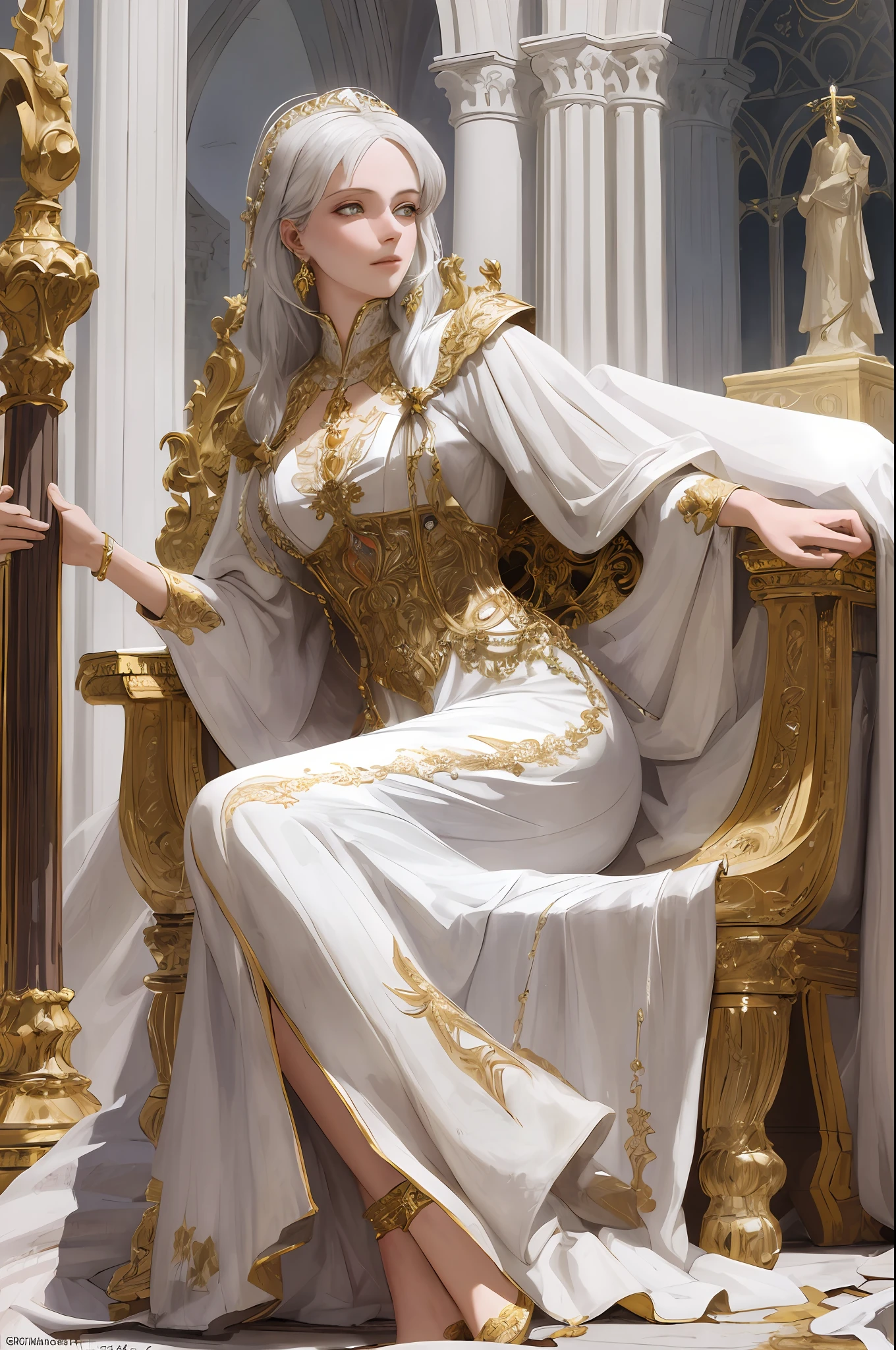 ((masterpiece)), ((best quality)), ((ultra-detailed)), illustration, a white-haired and golden-eyed woman dressed as a priestess, wearing a golden western classical dress, without any exposure, wearing Cloak, side lying, pious, indifferent, mysterious, with white spire gothic cathedral in the background, fantasy