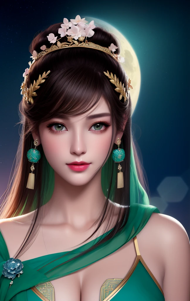 Top Quality, Masterpiece, Night, Full Moon, 1 Girl, Middle Aged Woman, Chinese Style, Ancient China, Sister, Imperial Sister, Smile, Dark Brown Hair, Dark Hair, Princess Cut, Light Pink Lips, Calm, Intelligence, Medium Hair, Green Eyes , hydrangea, fair face, face close-up, hand close-up, ripped lingerie pajamas, beautiful face, realistic, border lighting, two-tone lighting, (high) detailed skin:1.2), 8k uhd, dslr, soft lighting, high quality, volumetric lighting, Photography, High Resolution, 4k, 8k, Bokeh