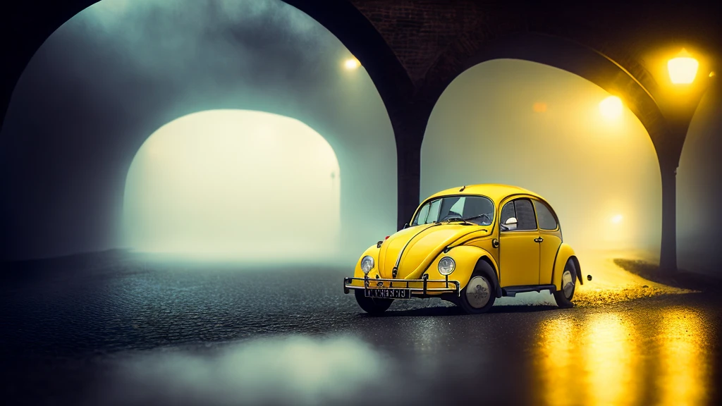 Photo of yellow volkswagen beetle looking through long tunnel with fog, wet cobblestone street light reflections, high quality photo, lens flare, bokeh, 8K resolution, gobo lights, warm ambient light, volumetric light, neon lights, depth of field, analog, foggy atmosphere, lens flares, light bloom, portra 800 film,