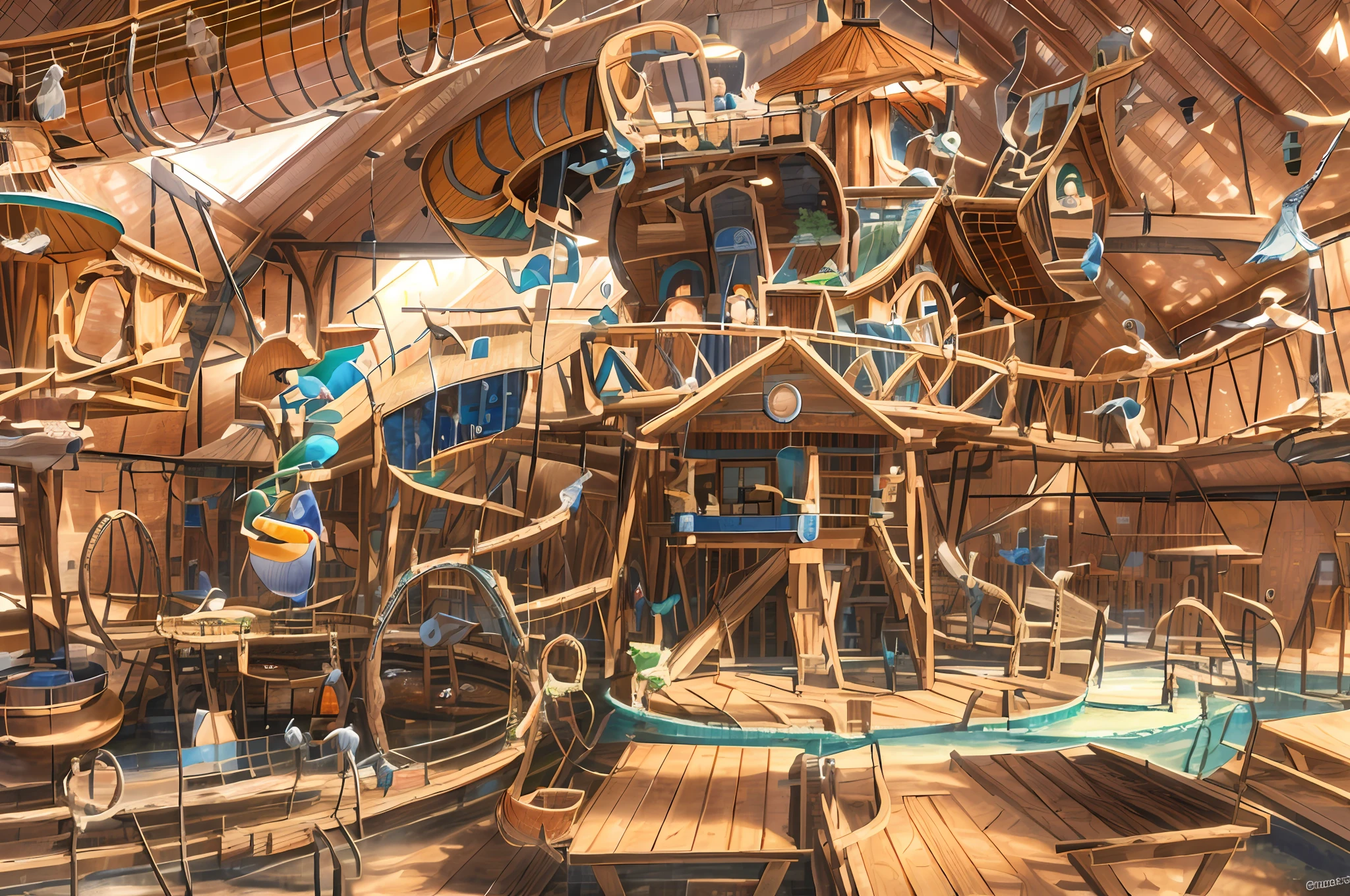Picture a lifelike 3D architectural rendering of a vast, open barn transformed into an indoor playground, bustling with activity. This intricate scene is a symphony of realism, playfulness, and innovative design, masterfully captured in the 3D visual representation. Children and adults alike are engaged in the playground's multifaceted elements, including charming wooden cabins, one of which is equipped with an adjacent rotating ((cylindrical slide)). A wooden suspension bridge, realistically rendered with detailed textures and shadows, leads to another cabin in the top right of the image, where a delightfully animated 3D model of a is seen running across. On the left, a water park shimmers under the virtual lighting, its pool crowned by a whimsically designed fountain. The fountain, meticulously modelled in 3D, features a stack of bird sculptures - a large bird at the base, a parrot in the middle, and a toucan at the top, each spouting water from their beaks. Central to the image is a quaint treehouse, its wooden textures and details adding to the realistic 3D rendering. In the foreground, 3D models of adults sit at small wooden tables, engaged in a meal, their position and interaction adding depth and perspective to the scene. This vibrant tableau is a testament to the power of 3D architectural rendering in creating detailed, immersive, and realistic indoor environments. The scene successfully blends elements of interior design, architecture, playground design, and digital artistry to create an engaging visual narrative.