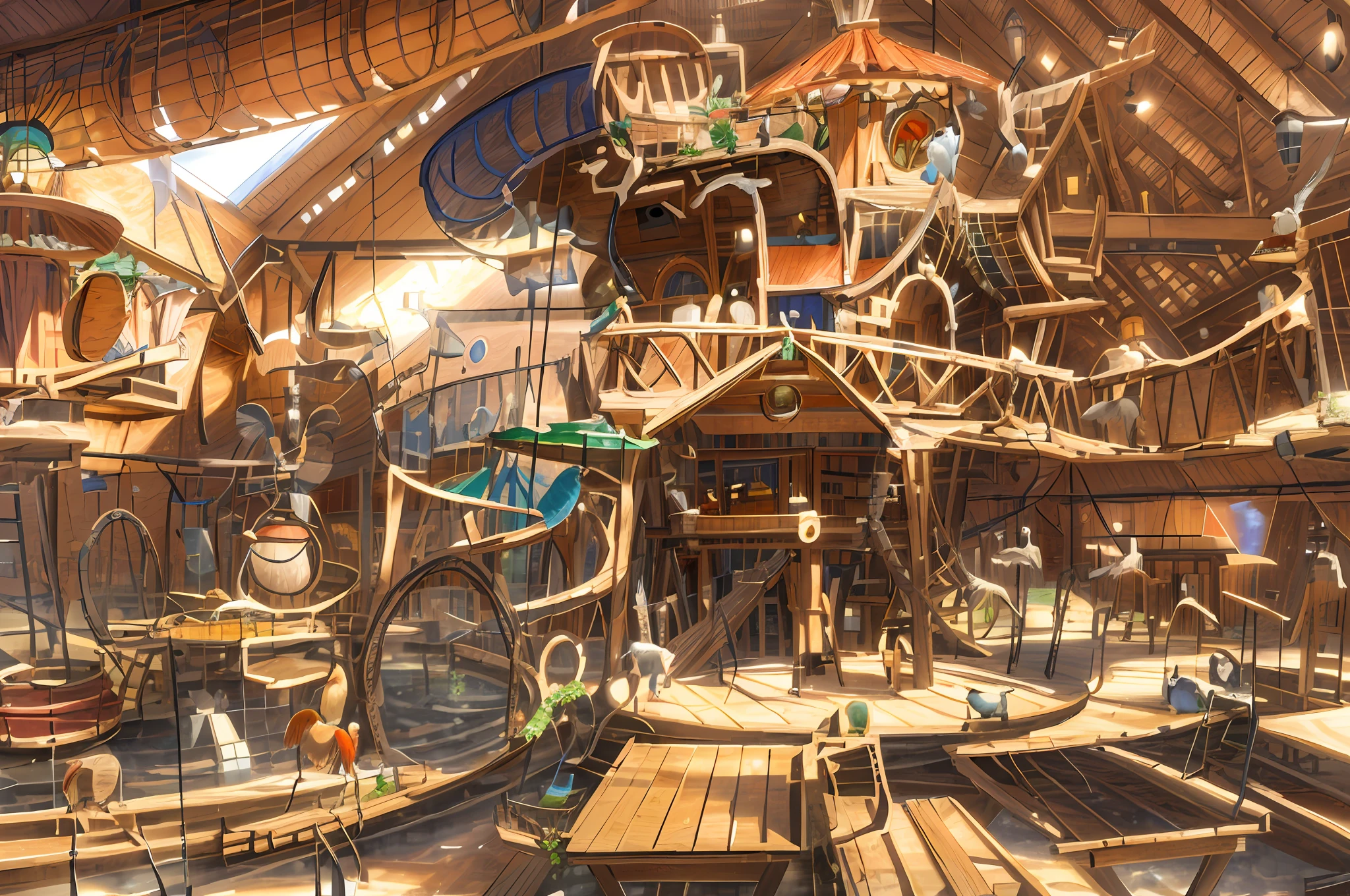 Picture a lifelike 3D architectural rendering of a vast, open barn transformed into an indoor playground, bustling with activity. This intricate scene is a symphony of realism, playfulness, and innovative design, masterfully captured in the 3D visual representation. Children and adults alike are engaged in the playground's multifaceted elements, including charming wooden cabins, one of which is equipped with an adjacent rotating ((cylindrical slide)). A wooden suspension bridge, realistically rendered with detailed textures and shadows, leads to another cabin in the top right of the image, where a delightfully animated 3D model of a is seen running across. On the left, a water park shimmers under the virtual lighting, its pool crowned by a whimsically designed fountain. The fountain, meticulously modelled in 3D, features a stack of bird sculptures - a large bird at the base, a parrot in the middle, and a toucan at the top, each spouting water from their beaks. Central to the image is a quaint treehouse, its wooden textures and details adding to the realistic 3D rendering. In the foreground, 3D models of adults sit at small wooden tables, engaged in a meal, their position and interaction adding depth and perspective to the scene. This vibrant tableau is a testament to the power of 3D architectural rendering in creating detailed, immersive, and realistic indoor environments. The scene successfully blends elements of interior design, architecture, playground design, and digital artistry to create an engaging visual narrative.