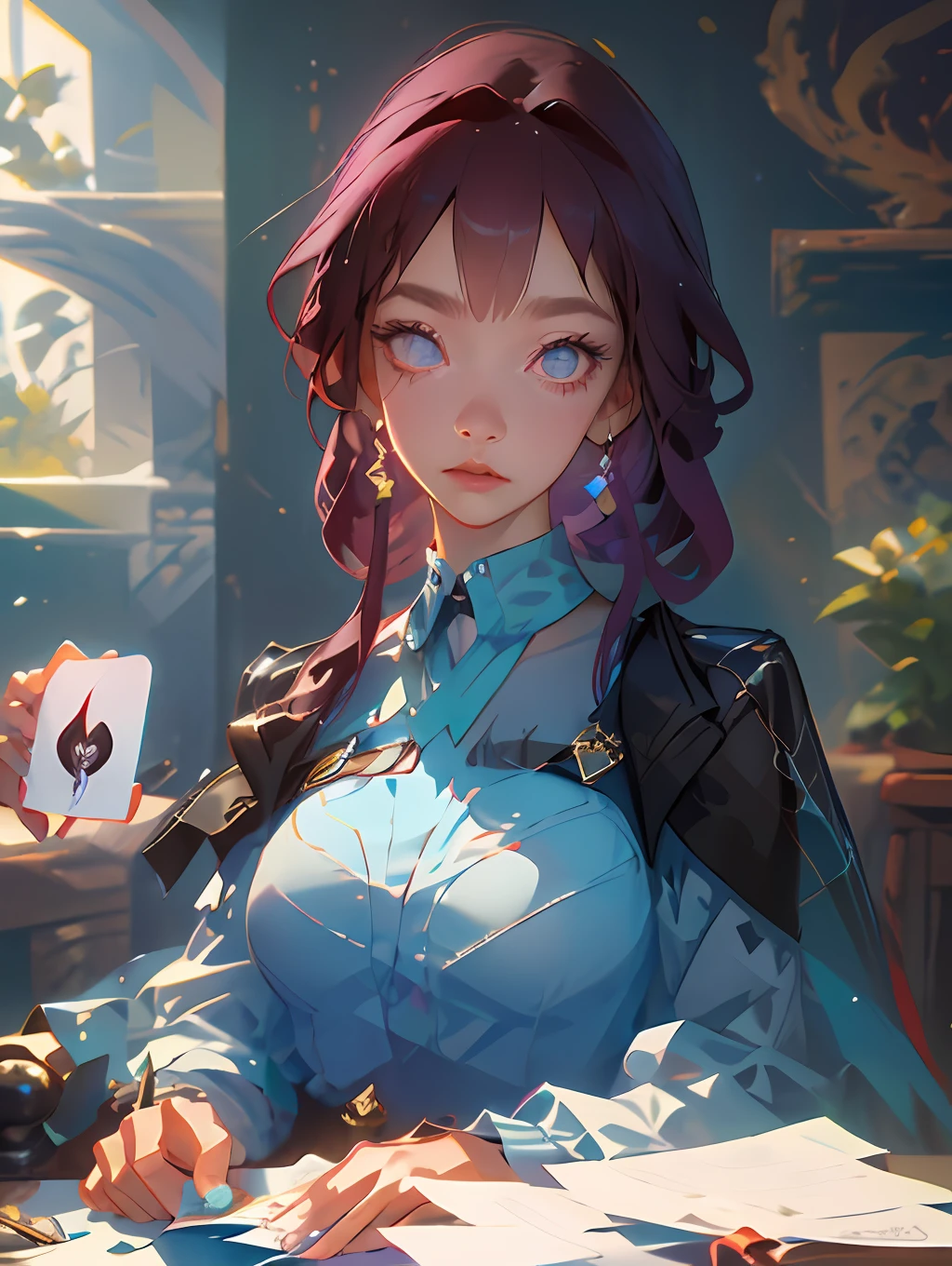 (best quality, masterpiece:1.3) 1girl, holding cards