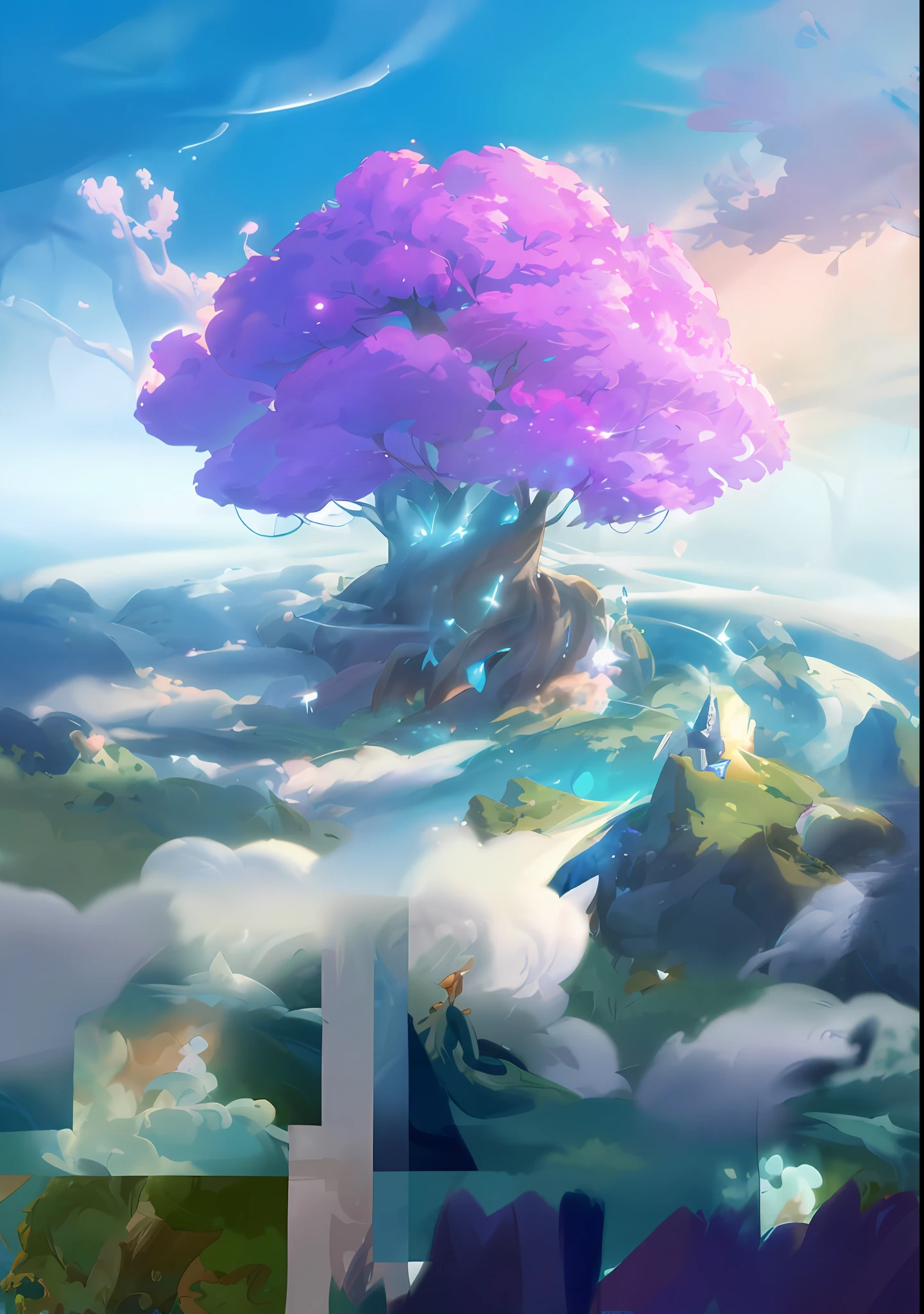 a close up of a tree on a hill with a sky background, concept art magical highlight, fantasy tree, official splash art, mana art, magic tree, magical tree, riot games concept art, league of legends concept art, card art, fantasy art style, stylized concept art, the world tree, whimsical fantasy landscape art, yggdrasil, world tree