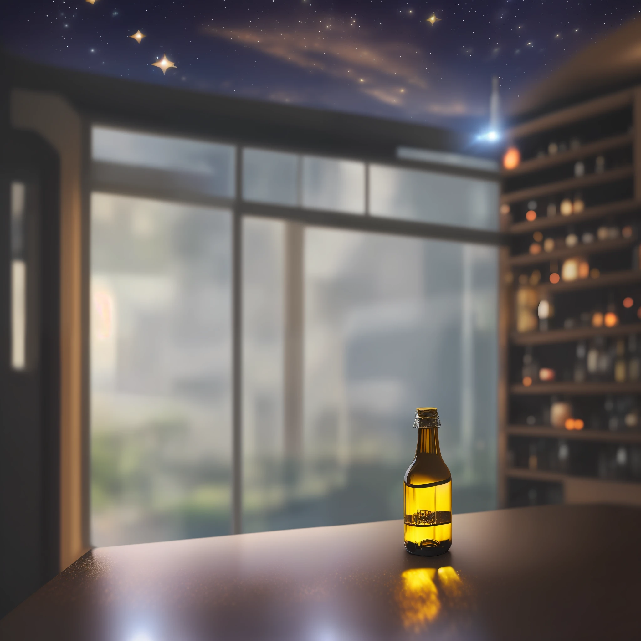 A bottle of wine is on the table in front of the window, high level of alcohol intoxication, there are stars in the bottle, 3d rendering even lights up, atmospheric rendering, background space, background space, very realistic 3d rendering, semi-realistic rendering, photorealistic rendering , beer bottle, well lit 3d rendering, background bar night scene effect