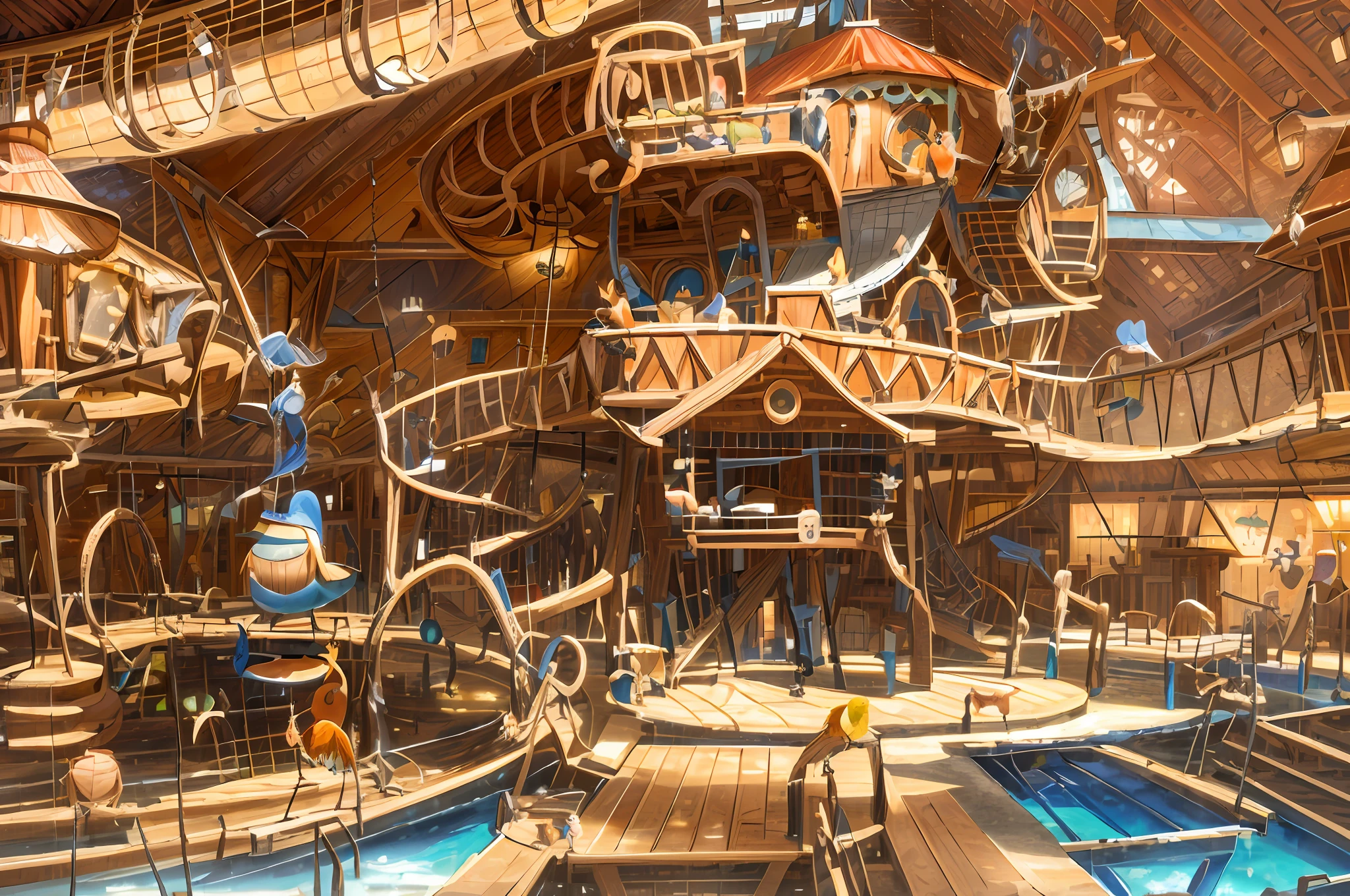Picture a lifelike 3D architectural rendering of a vast, open barn transformed into an indoor playground, bustling with activity. This intricate scene is a symphony of realism, playfulness, and innovative design, masterfully captured in the 3D visual representation. Children and adults alike are engaged in the playground's multifaceted elements, including charming wooden cabins, one of which is equipped with an adjacent rotating ((cylindrical slide)). A wooden suspension bridge, realistically rendered with detailed textures and shadows, leads to another cabin in the top right of the image, where a delightfully animated 3D model of a is seen running across. On the left, a water park shimmers under the virtual lighting, its pool crowned by a whimsically designed fountain. The fountain, meticulously modelled in 3D, features a stack of bird sculptures - a large bird at the base, a parrot in the middle, and a toucan at the top, each spouting water from their beaks. Central to the image is a quaint treehouse, its wooden textures and details adding to the realistic 3D rendering. In the foreground, 3D models of adults sit at small wooden tables, engaged in a meal, their position and interaction adding depth and perspective to the scene. This vibrant tableau is a testament to the power of 3D architectural rendering in creating detailed, immersive, and realistic indoor environments. The scene successfully blends elements of interior design, architecture, playground design, and digital artistry to create an engaging visual narrative.