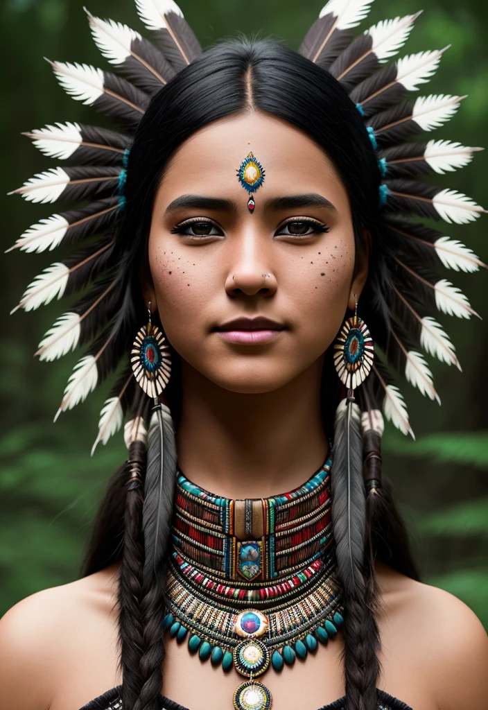 ultra hyper realistic award winning full body photo of a single Native American female, 28 yo, beautiful face, posing, smile, long black hair, cinematic, fine details, 8k, dark shot, soft volumetric lights, backlit, cinematic, intricate details, ArtStation cell shading, digital art, bloom, dark and gloomy full body 8k unity render, female teen, short hair, wearing traditional Native American clothing, feathers in hair, porcelain cracked skin, skin pores, detailed intricate iris, very dark lighting, heavy shadows, detailed, detailed face, (vibrant, dramatic, dark, sharp focus, 8k) walking on a forest landscape,