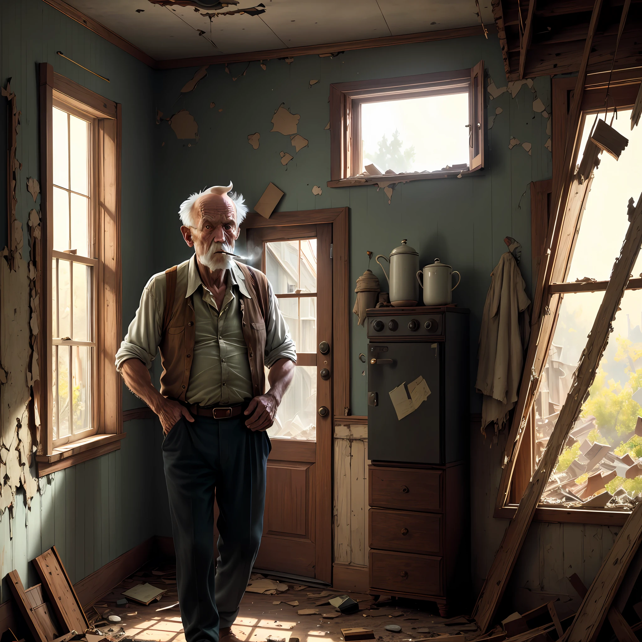 An old man smoking in a broken house. Intricate detail. Cinematic light. Master piece, 8k