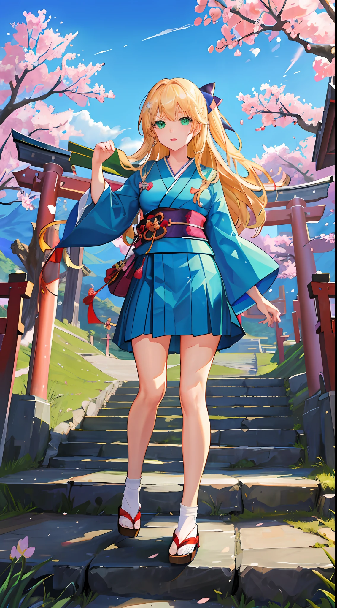 ((masterpiece, best quality, high resolution, super resolution, super detailed, ultra detailed, rich background)), 1girl, solo, green eyes, blonde long hair tied with blue ribbon, blunt bangs, highschool girl, medium breast, japanese clothes, blue short kimono, sandals, ribbon, obi, (outdoor), cherry blossom, torii gate, stone staircase, afternoon, cherry blossoms fall, dramatic light, cloudy, fuji scenery