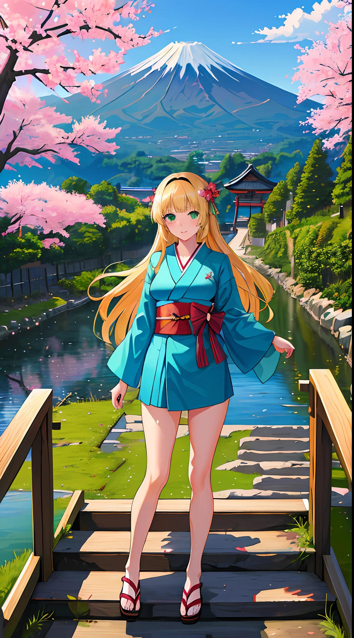 ((masterpiece, best quality, high resolution, super resolution, super detailed, ultra detailed, rich background)), 1girl, solo, green eyes, blonde long hair tied with blue ribbon, blunt bangs, highschool girl, medium breast, japanese clothes, blue short kimono, sandals, ribbon, obi, (outdoor), cherry blossom, torii gate, stone staircase, afternoon, cherry blossoms fall, dramatic light, cloudy, fuji scenery