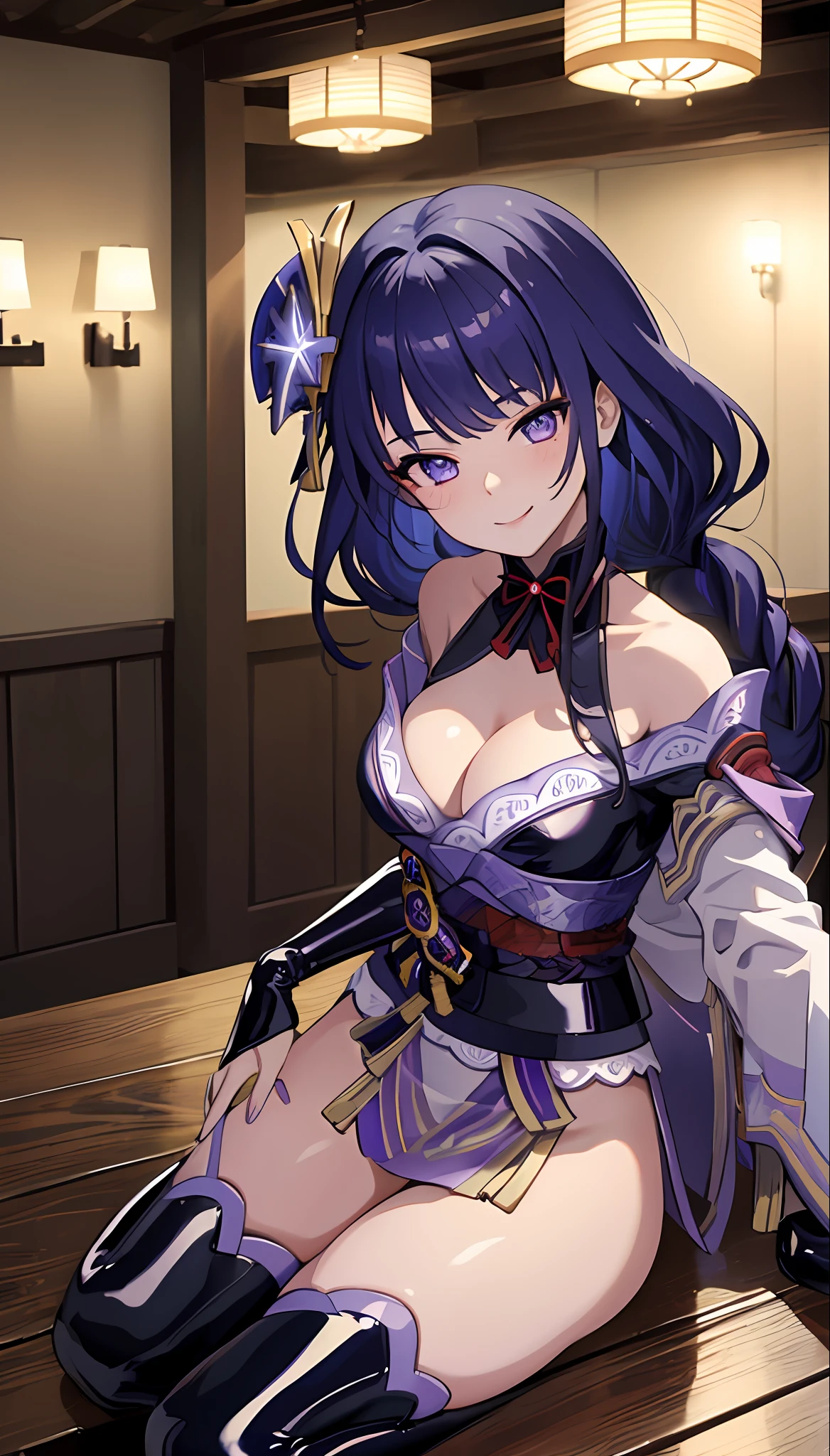 (Masterpiece), (Best quality), (Very detailed), 4k, girl, {Raiden Shogun}, Korean woman, shoulder exposure, shoulder smooth texture latex, coveted smile, anime feel, evil devil, {black painting}, {Teasing Smile},{Teasing Smile},High Quality, Clear Picture,(High Saturation),(Glowing), Best Lighting, Best Shadows,