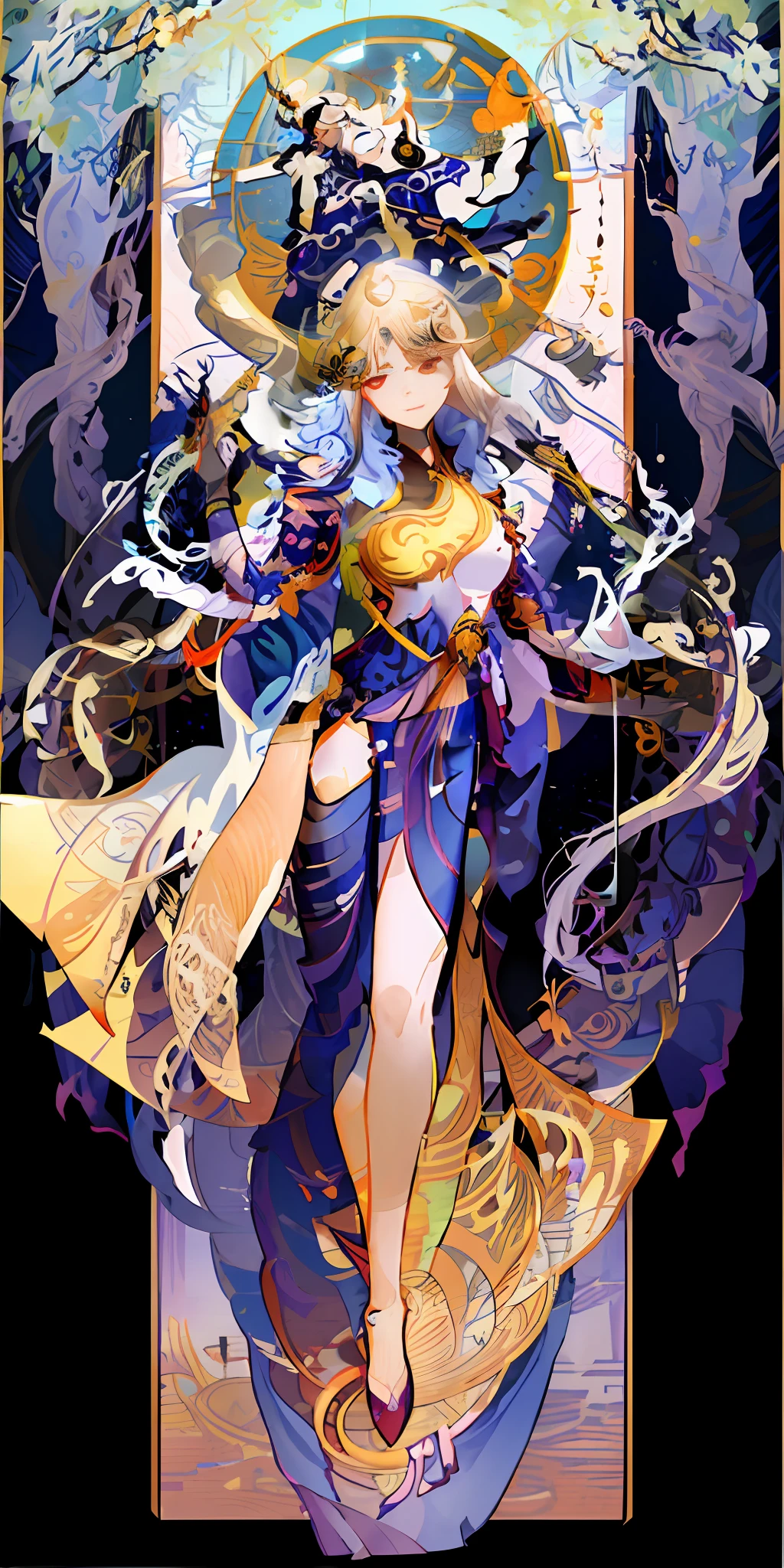 a close up of a woman in a dress with a sword, onmyoji detailed art, anime goddess, alphonse mucha and rossdraws, onmyoji, beautiful celestial mage, /!\ the sorceress, by Yang J, lunar goddess, mage, sorceress, from arknights, digital art on pixiv, moon goddess, pixiv