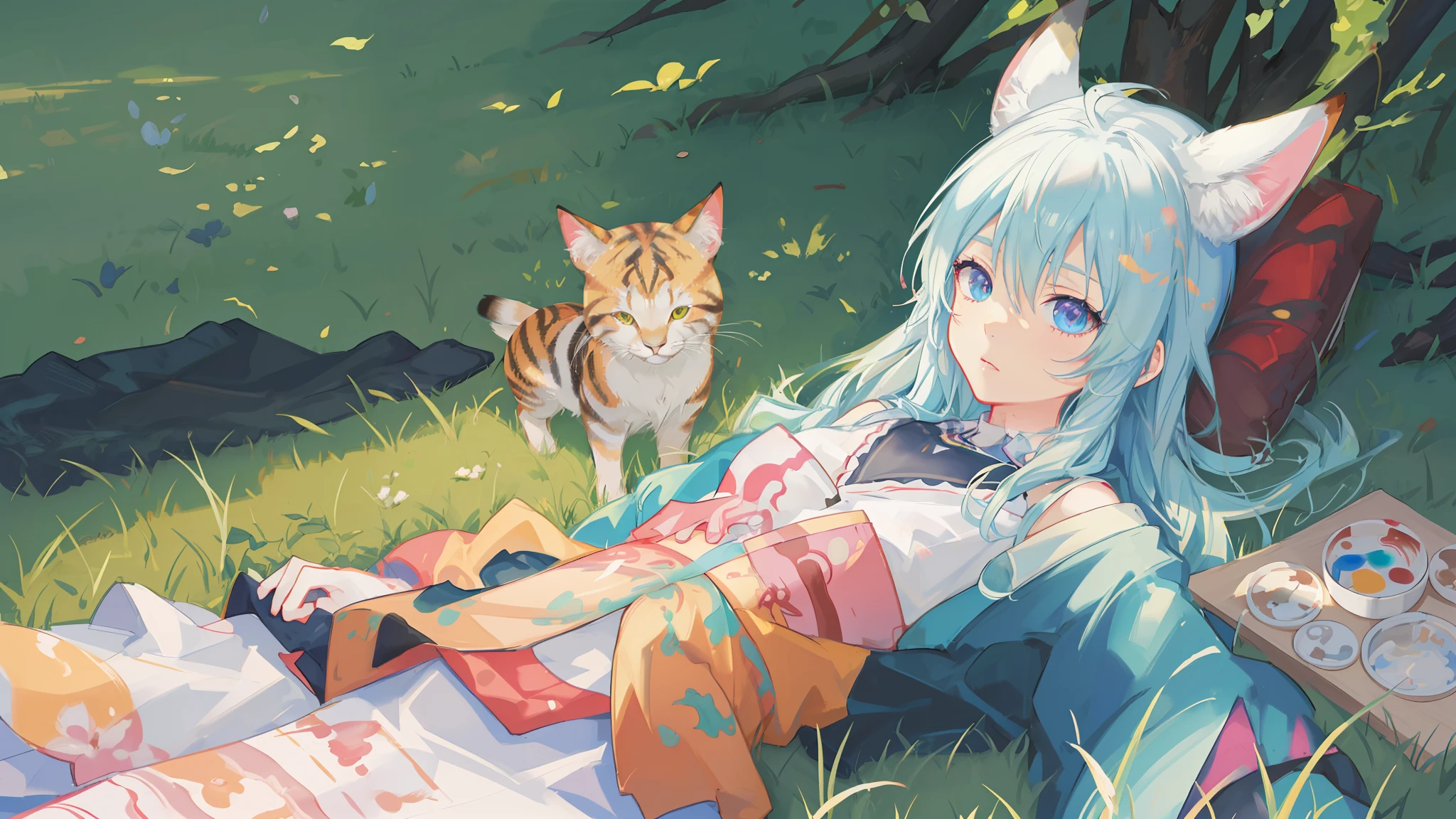 anime girl laying on the ground in the grass with a cat, painted in anime painter studio, made with anime painter studio, relaxing concept art, anime goddess, an exhausted deity, detailed fanart, zerochan art, rin, resting, digital art on pixiv, anthropomorphic female deer, soft anime illustration, serene illustration, pixiv contest winner