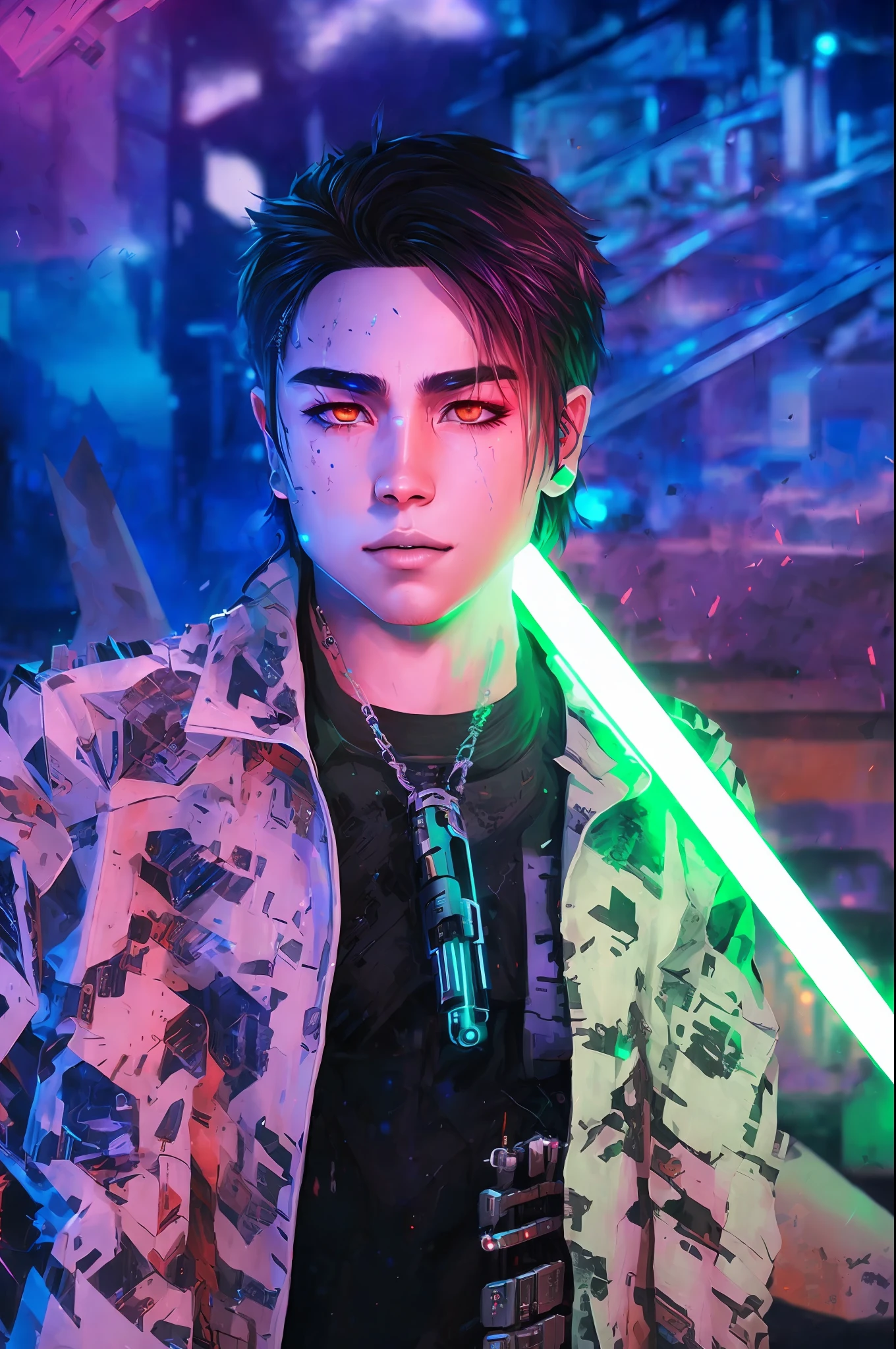 (extremely detailed CG unity 8k wallpaper), (masterpiece), (best quality), (realistic), cyberpunk, boy with lightsaber, dark, night, cyberpunk outfit, neon lights, beautiful and detailed lights , shadows, dreamlikeart, samdoesart, kuvshinov
