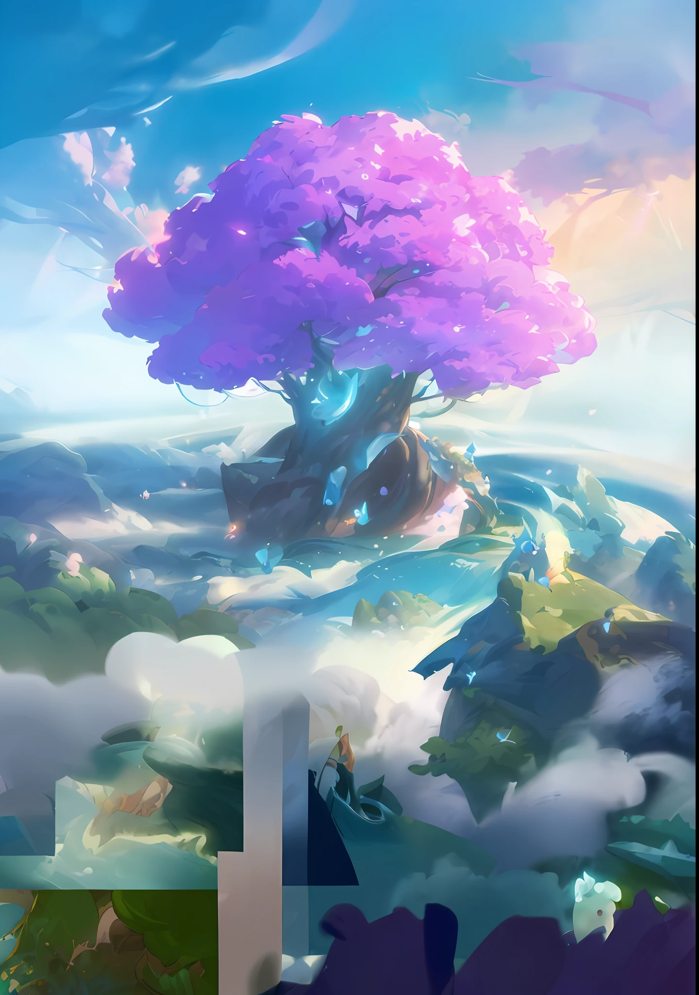 a close up of a tree on a hill with a sky background, concept art magical highlight, fantasy tree, official splash art, mana art, magic tree, magical tree, riot games concept art, league of legends concept art, card art, fantasy art style, stylized concept art, the world tree, whimsical fantasy landscape art, yggdrasil, world tree