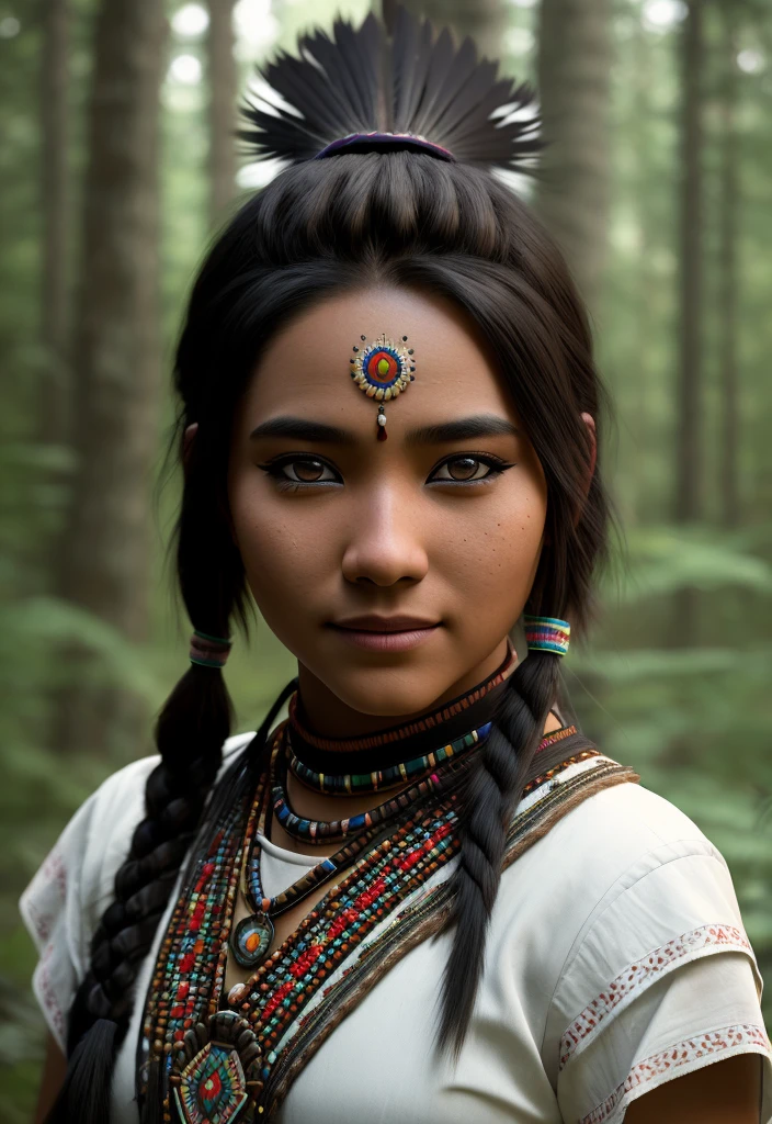 ultra hyper realistic award winning full body photo of a single Native American female, 28 yo, beautiful face, posing, smile, long black hair, cinematic, fine details, 8k, dark shot, soft volumetric lights, backlit, cinematic, intricate details, ArtStation cell shading, digital art, bloom, dark and gloomy full body 8k unity render, female teen, short hair, wearing traditional Native American clothing, porcelain cracked skin, skin pores, detailed intricate iris, very dark lighting, heavy shadows, detailed, detailed face, (vibrant, dramatic, dark, sharp focus, 8k) walking on a forest landscape,