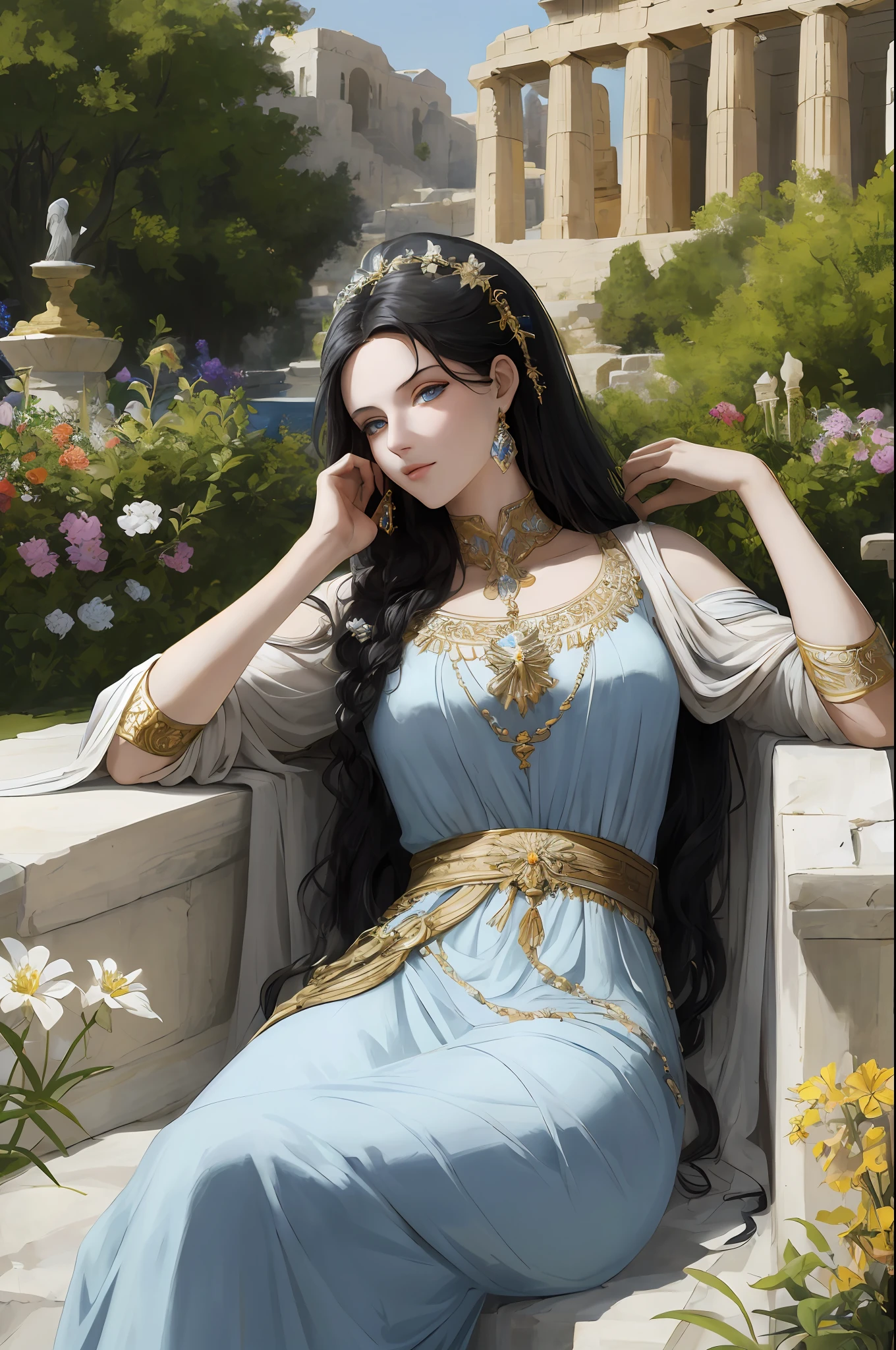 ((masterpiece)), ((best quality)), ((ultra-detailed)), illustration, ancient Greece, a woman with black hair and blue eyes dressed as a priestess, wearing a white western classical dress, without any exposure, lying on her side , pious, indifferent, mysterious, with an ancient greek garden in the background, colorful flowers, blue pools and fountains, surrounded by greenery