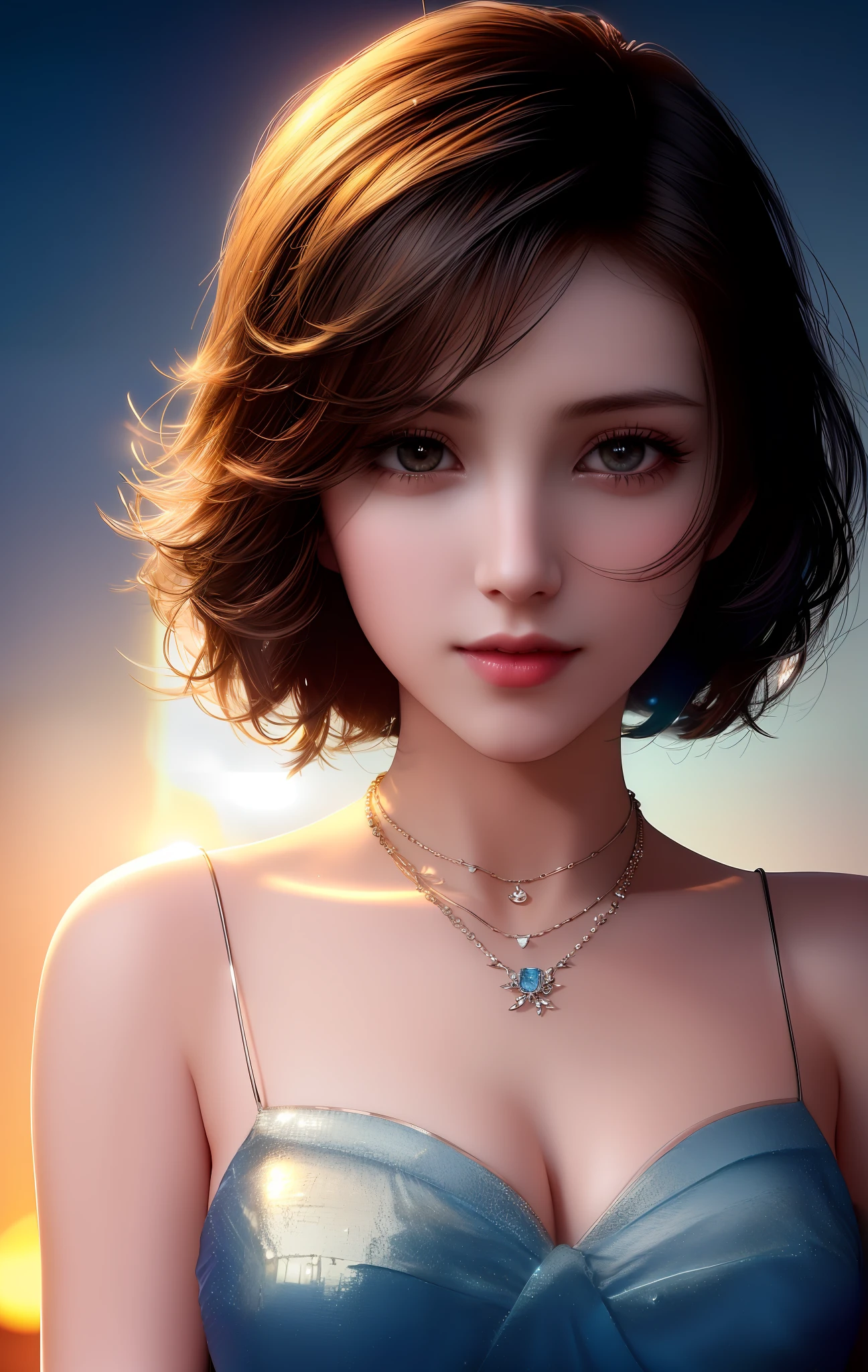 ((best quality, masterpiece, high resolution)), (8K UHD, high quality, volumetric light, duotone lighting, edge lighting), (1girl), (dark studio, high detail skin: 1.2, high resolution :(4K, 8K), DSLR, soft light), ((shoulder-length short hair, half face, backlight, transparent), (porcelain dress, hair accessories, necklace, jewelry, beautiful face, body, Tyndall effect )),(Bokeh),,Photo)