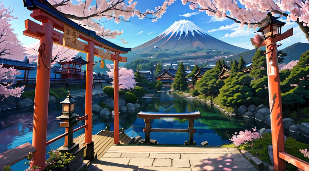 ((masterpiece, best quality, high resolution, super resolution, super detailed, ultra detailed, rich background)), 1girl, solo, green eyes, blonde long hair tied with blue ribbon, blunt bangs, highschool girl, medium breast, japanese clothes, blue short kimono, sandals, ribbon, obi, (outdoor), cherry blossom, torii gate, stone staircase, afternoon, cherry blossoms fall, dramatic light, cloudy, fuji scenery