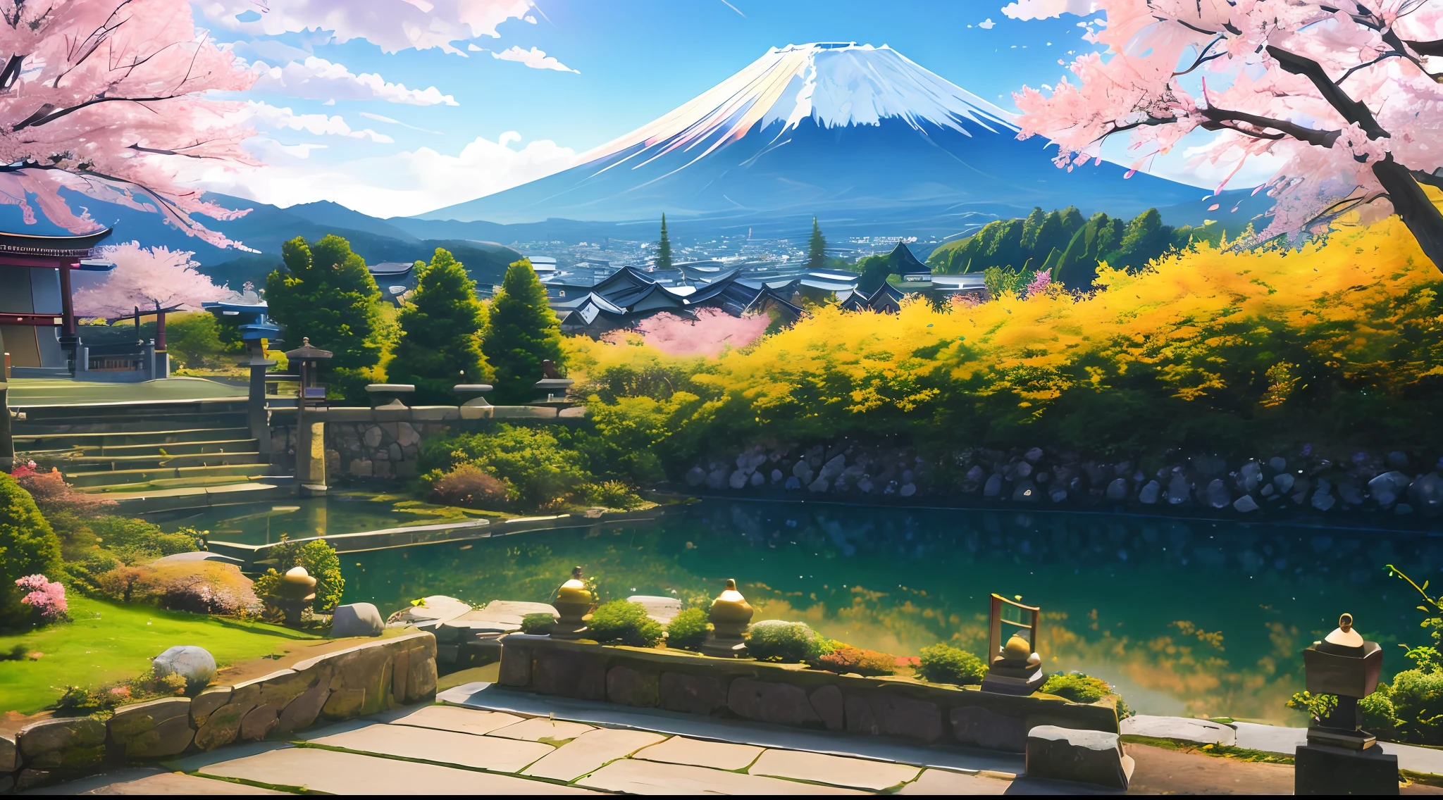 ((masterpiece, best quality, high resolution, super resolution, super detailed, ultra detailed, rich background)), 1girl, solo, green eyes, blonde long hair tied with blue ribbon, blunt bangs, highschool girl, medium breast, japanese clothes, blue short kimono, sandals, ribbon, obi, (outdoor), cherry blossom, torii gate, stone staircase, afternoon, cherry blossoms fall, dramatic light, cloudy, fuji scenery