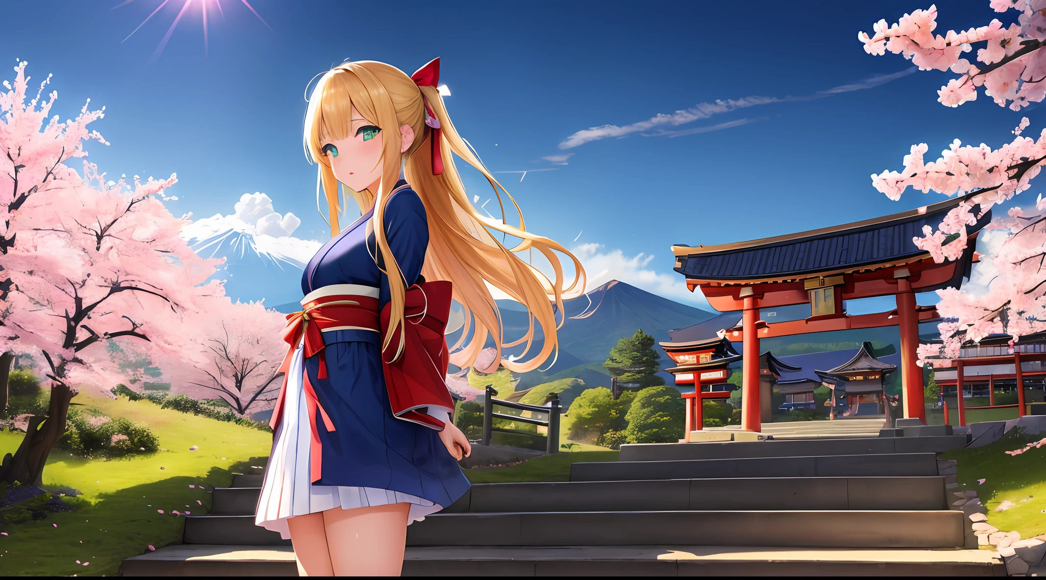 ((masterpiece, best quality, high resolution, super resolution, super detailed, ultra detailed, rich background)), 1girl, solo, green eyes, blonde long hair tied with blue ribbon, blunt bangs, highschool girl, medium breast, japanese clothes, blue short kimono, sandals, ribbon, obi, (outdoor), cherry blossom, torii gate, stone staircase, afternoon, cherry blossoms fall, dramatic light, cloudy, fuji scenery