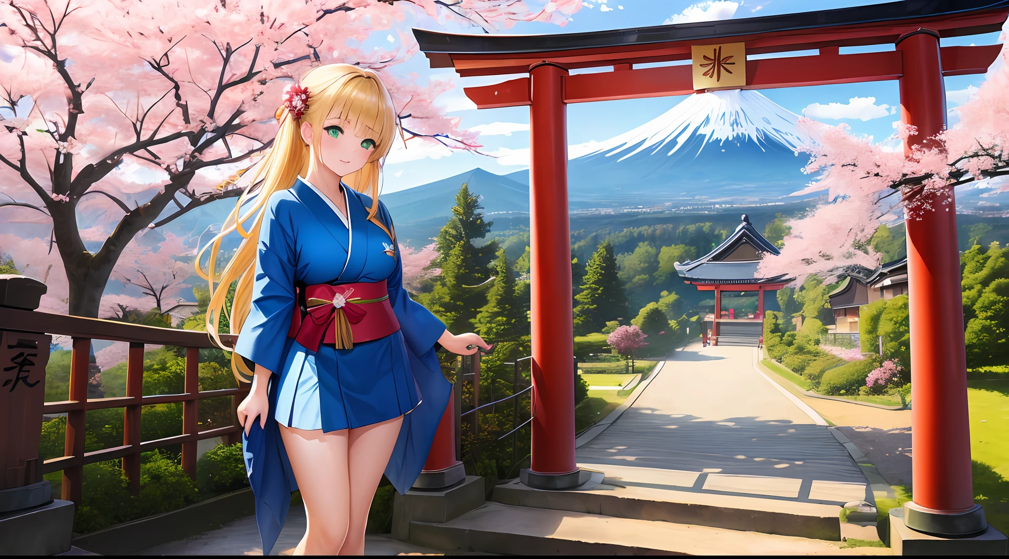((masterpiece, best quality, high resolution, super resolution, super detailed, ultra detailed, rich background)), 1girl, solo, green eyes, blonde long hair tied with blue ribbon, blunt bangs, highschool girl, medium breast, japanese clothes, blue short kimono, sandals, ribbon, obi, (outdoor), cherry blossom, torii gate, stone staircase, afternoon, cherry blossoms fall, dramatic light, cloudy, fuji scenery