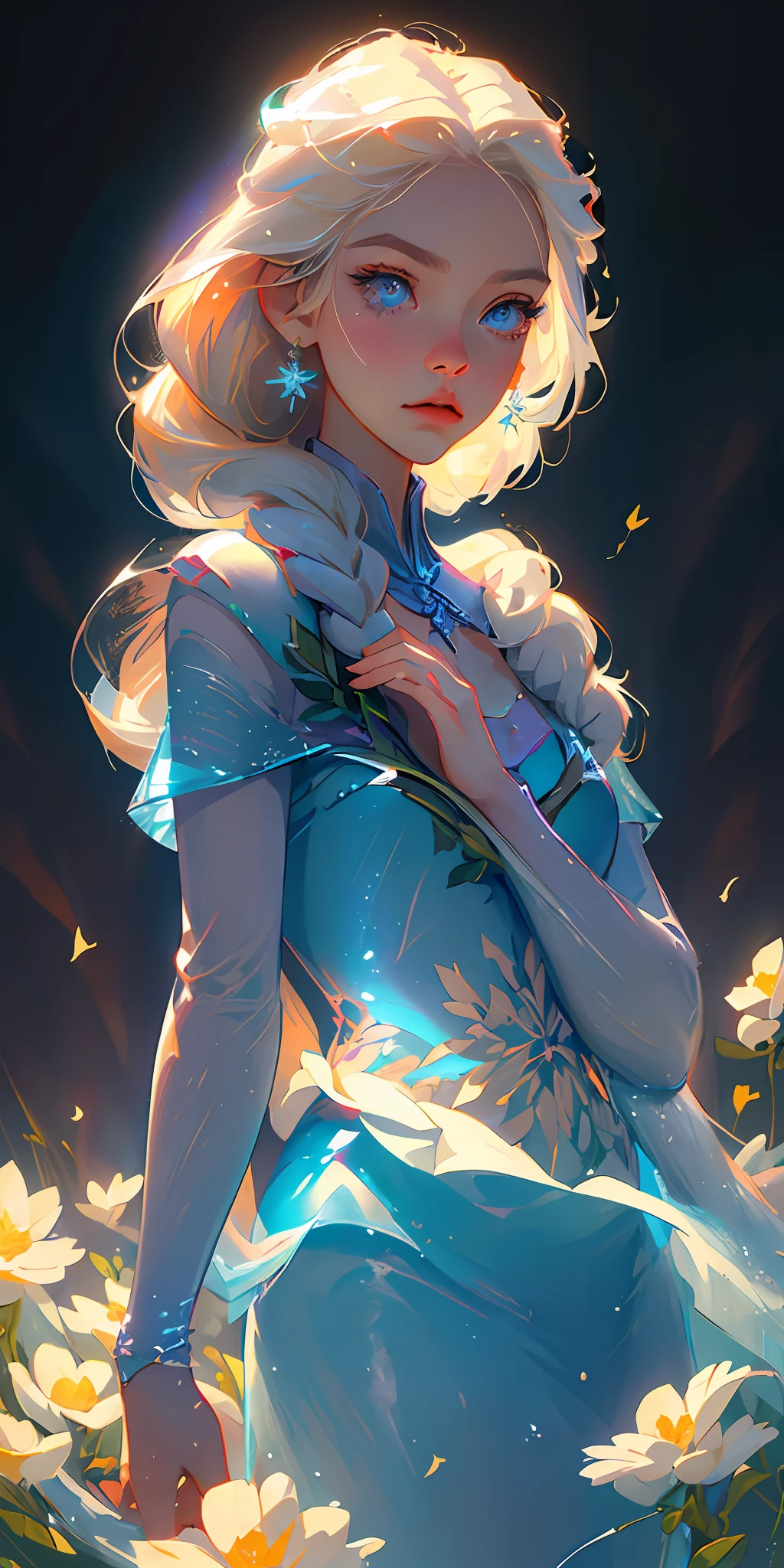 (best quality, masterpiece), 1girl, pose, particle, wind, flower, upper body, simple background, looking at viewer, Elsa from Frozen, blonde, galaxy, perfect eyes