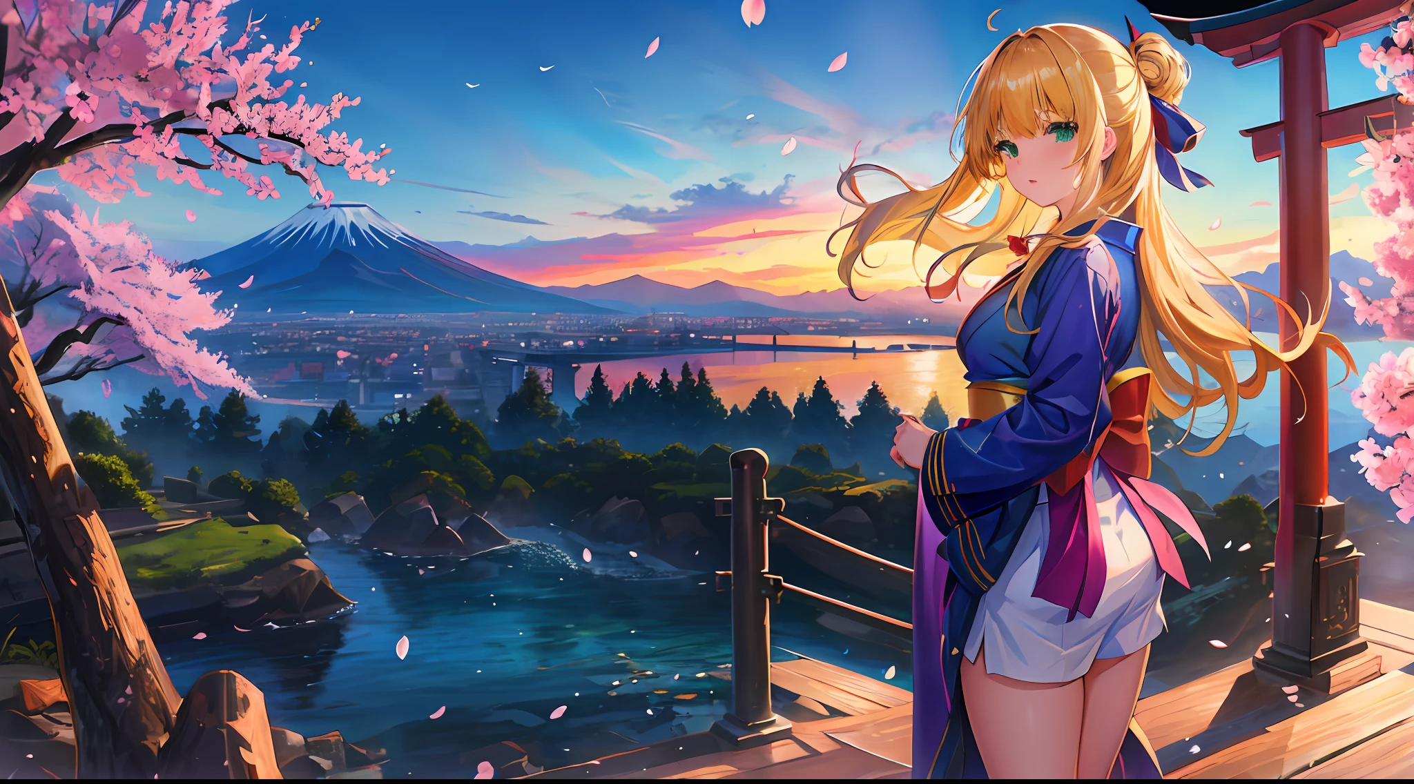 ((masterpiece, best quality, high resolution, super resolution, super detailed, ultra detailed, rich background)), 1girl, solo, green eyes, blonde long hair tied with blue ribbon, blunt bangs, highschool girl, medium breast, japanese clothes, blue short kimono, sandals, ribbon, obi, (outdoor), cherry blossom, torii gate, stone staircase, afternoon, cherry blossoms fall, dramatic light, cloudy, fuji scenery