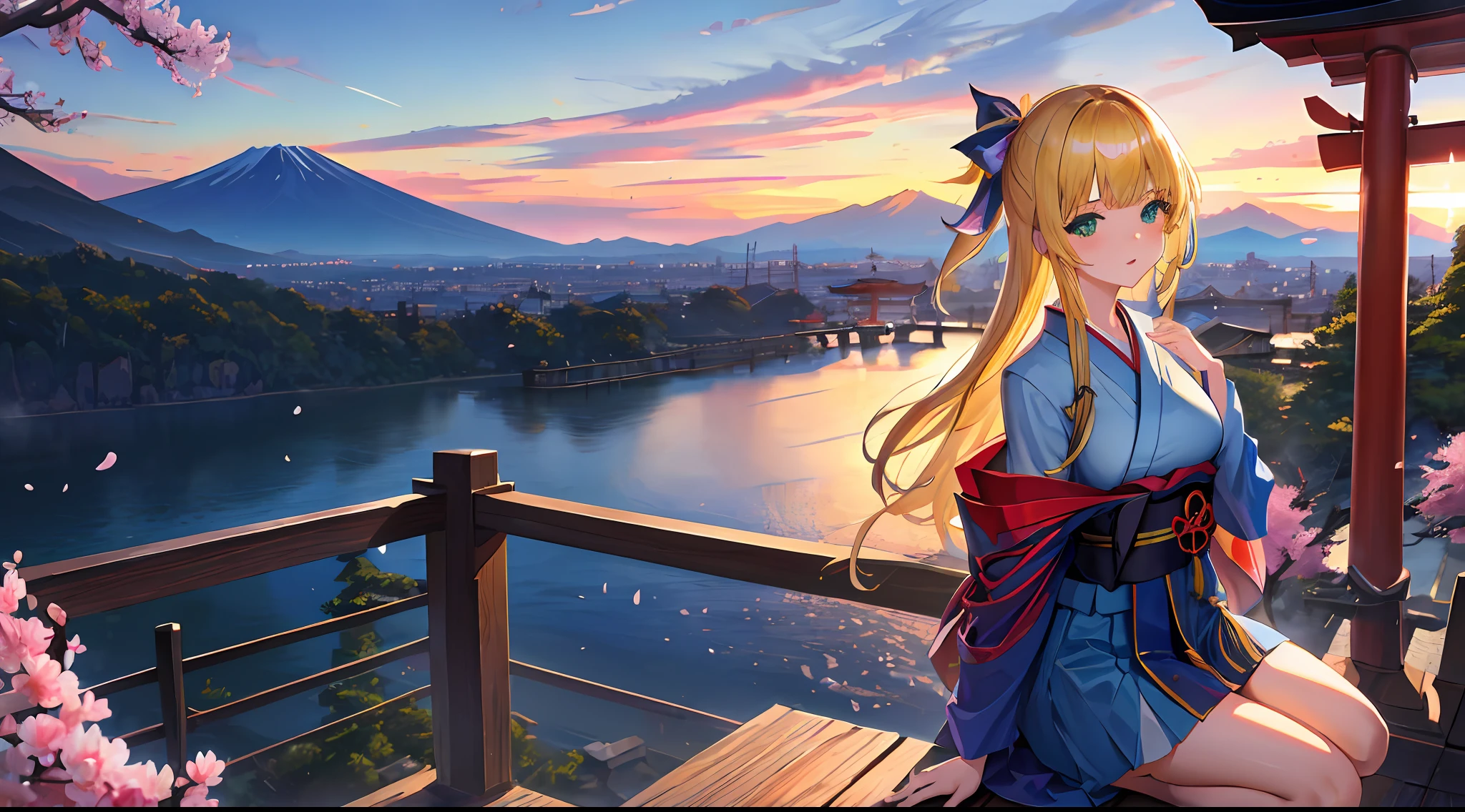 ((masterpiece, best quality, high resolution, super resolution, super detailed, ultra detailed, rich background)), 1girl, solo, green eyes, blonde long hair tied with blue ribbon, blunt bangs, highschool girl, medium breast, japanese clothes, blue short kimono, sandals, ribbon, obi, (outdoor), cherry blossom, torii gate, stone staircase, afternoon, cherry blossoms fall, dramatic light, cloudy, fuji scenery
