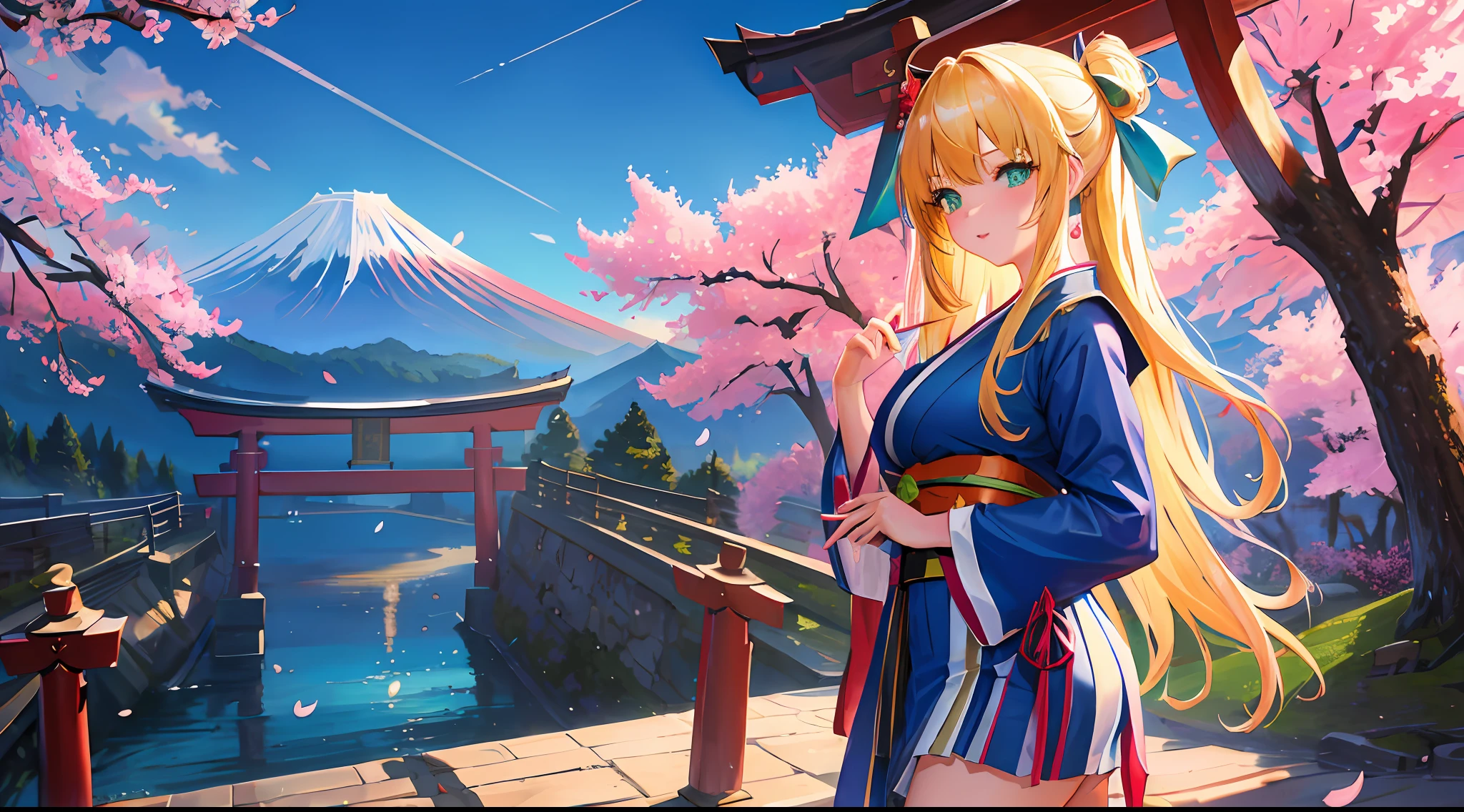 ((masterpiece, best quality, high resolution, super resolution, super detailed, ultra detailed, rich background)), 1girl, solo, green eyes, blonde long hair tied with blue ribbon, blunt bangs, highschool girl, medium breast, japanese clothes, blue short kimono, sandals, ribbon, obi, (outdoor), cherry blossom, torii gate, stone staircase, afternoon, cherry blossoms fall, dramatic light, cloudy, fuji scenery