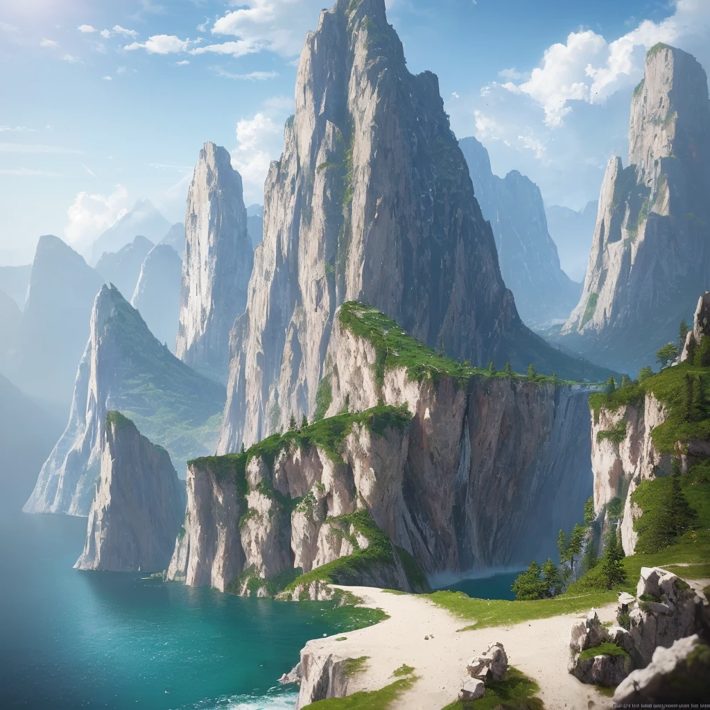 masterpiece, best quality, high quality, extremely detailed CG unity 8k wallpaper, scenery, outdoors, sky, cloud, day, no humans, mountain, landscape, water, tree, blue sky, waterfall, cliff, nature, lake, river, cloudy sky,award winning photography, Bokeh, Depth of Field, HDR, bloom, Chromatic Aberration ,Photorealistic,extremely detailed, trending on artstation, trending on CGsociety, Intricate, High Detail, dramatic, art by midjourney
