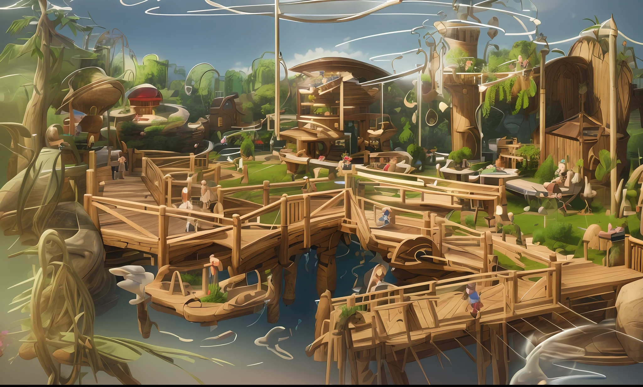 Picture a lifelike 3D architectural rendering of a vast, open barn transformed into an indoor playground, bustling with activity. This intricate scene is a symphony of realism, playfulness, and innovative design, masterfully captured in the 3D visual representation. Children and adults alike are engaged in the playground's multifaceted elements, including charming wooden cabins, one of which is equipped with an adjacent rotating ((cylindrical slide)). A wooden suspension bridge, realistically rendered with detailed textures and shadows, leads to another cabin in the top right of the image, where a delightfully animated 3D model of a little girl is seen running across. On the left, a water park shimmers under the virtual lighting, its pool crowned by a whimsically designed fountain. The fountain, meticulously modelled in 3D, features a stack of bird sculptures - a large bird at the base, a parrot in the middle, and a toucan at the top, each spouting water from their beaks. Central to the image is a quaint treehouse, its wooden textures and details adding to the realistic 3D rendering. In the foreground, 3D models of adults sit at small wooden tables, engaged in a meal, their position and interaction adding depth and perspective to the scene. This vibrant tableau is a testament to the power of 3D architectural rendering in creating detailed, immersive, and realistic indoor environments. The scene successfully blends elements of interior design, architecture, playground design, and digital artistry to create an engaging visual narrative.