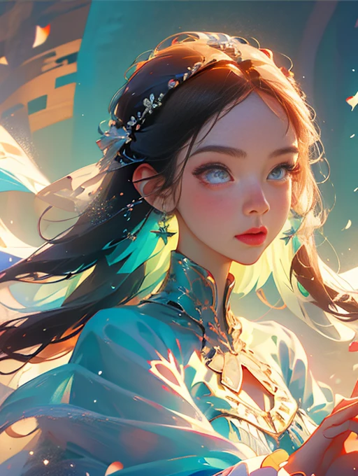 (best quality, masterpiece:1.3), 1girl, pose, particle, wind, upper body, simple background, looking at viewer, focus on face, beautiful eyes,