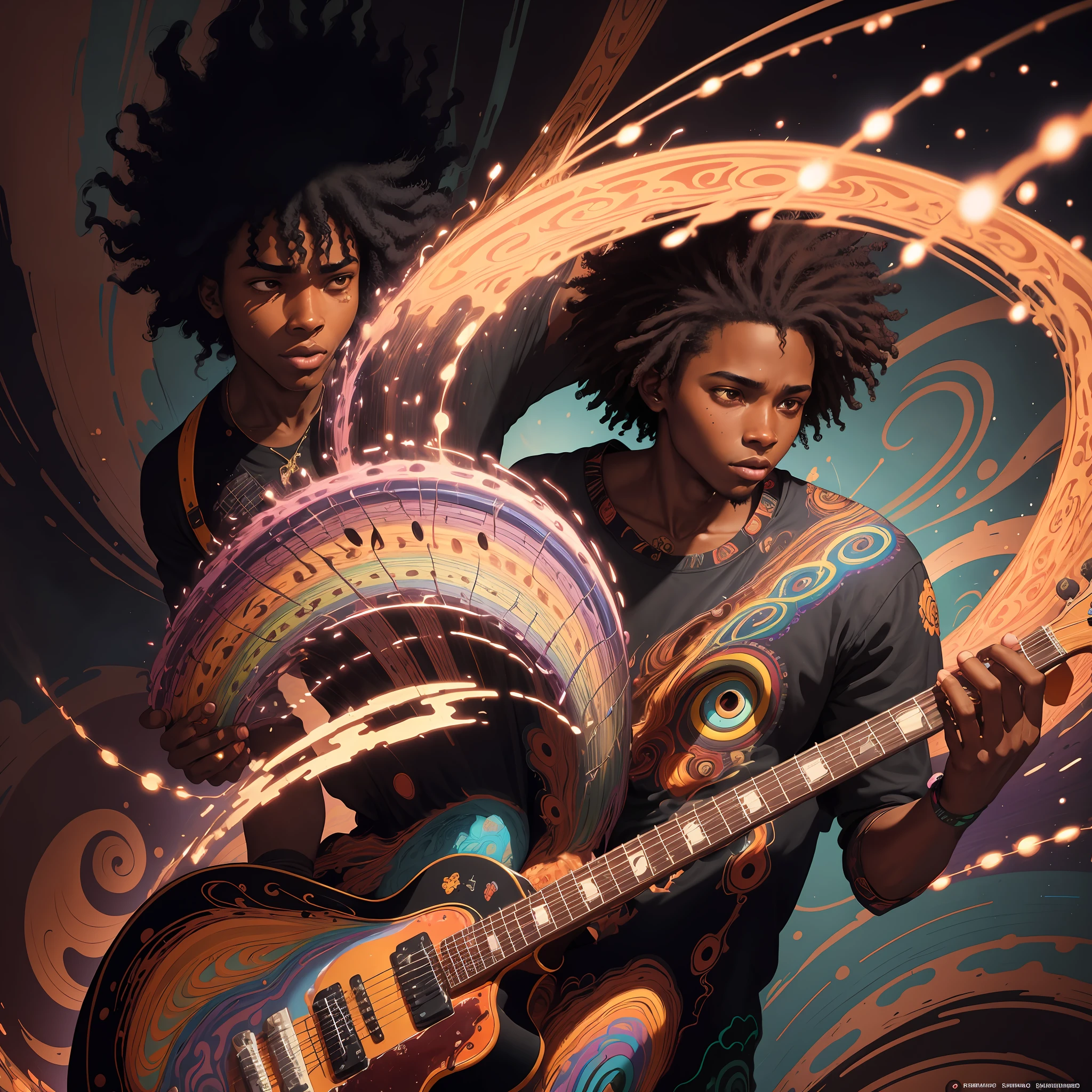 A young black man with black afro hair and brown eyes, playing a guitar, surrounded by swirling, colorful music notes in the background, in the art style of artists called "Esao Andrews", "Stanley Mouse", and "Dan Mumford (dramatic illumination), (intense color contrast), (dynamic angle)