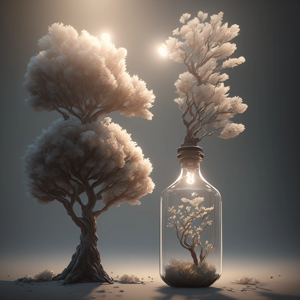 dreamlikeart tree in a bottle, fluffy, realistic, photo, canon, dreamlike, art, colorfull leaves and branches with flowers on top of its head. hyperdetailed photorealism by greg rutkowski - h 1024 w 804 | f 1 6 lens mark 2:2 s 3555 mm film grain :1 lifelike high res sharp focus contrast!! intricate detailed atmospheric light refraction lighting unreal engine 5 cinematic concept photography masterpiece octane render trending at cgsociety rendered as