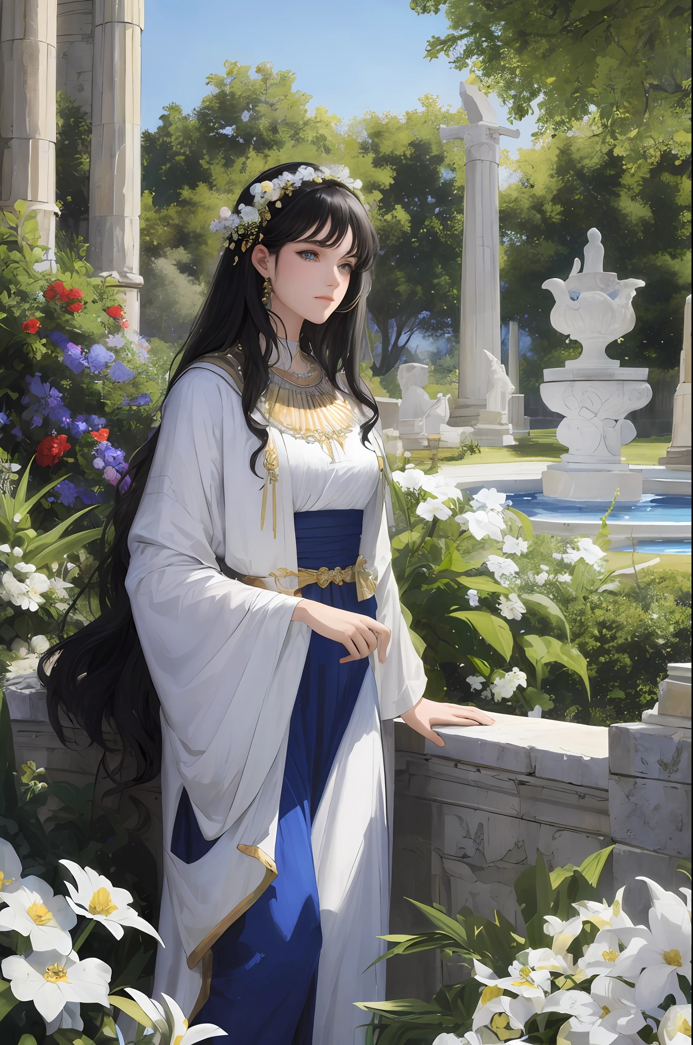 ((masterpiece)), ((best quality)), ((ultra-detailed)), illustration, ancient Greece, a black-haired and blue-eyed woman dressed as a priestess, white western classical dress, without any exposure, gentle, Mysterious, ancient greek garden in the background, colorful flowers, blue pools and fountains surrounded by greenery