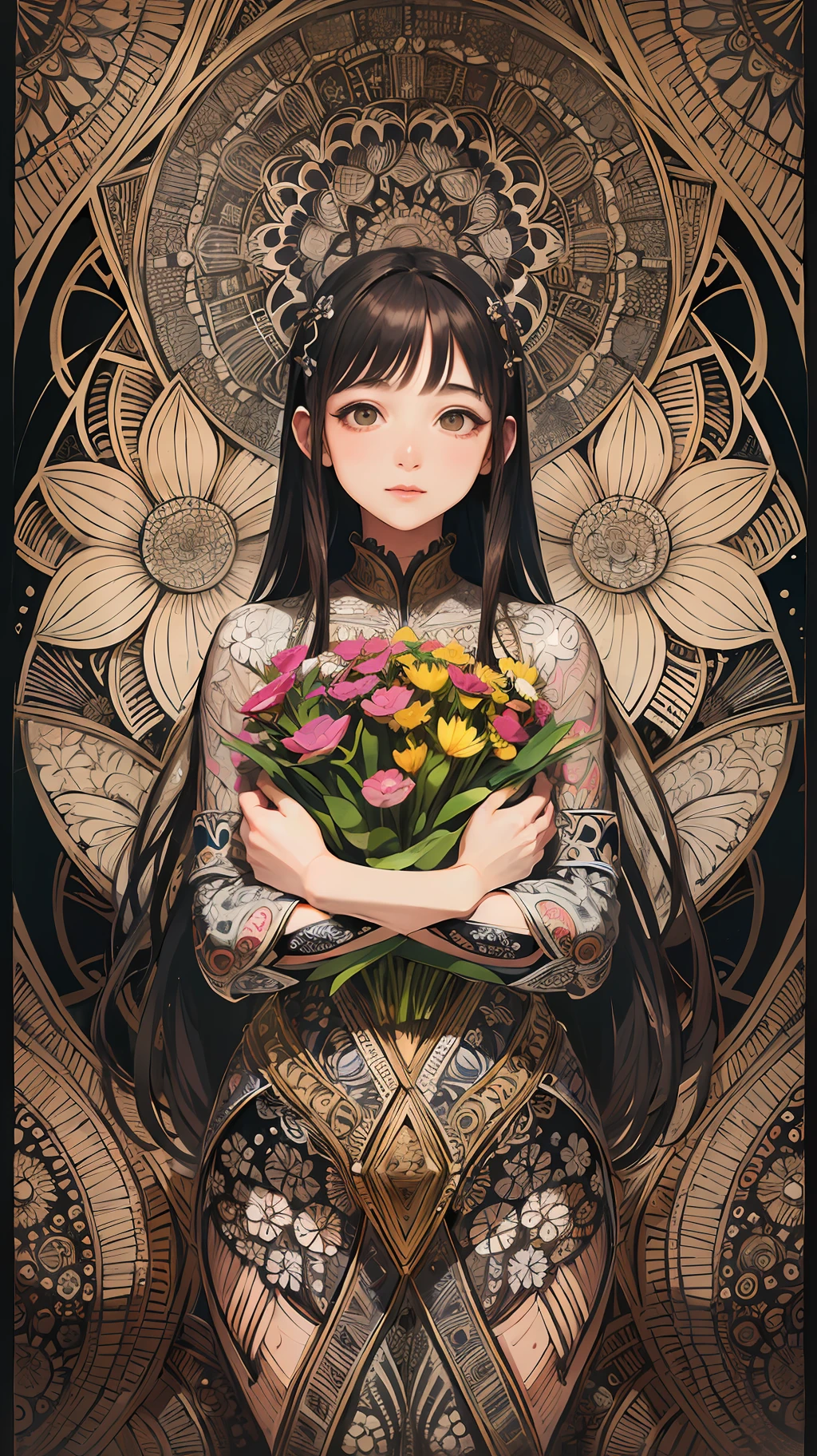 absurdres, highres, ultra detailed, (ultra-detailed background, detailed background), extremly detailed, 1girl, bunch of flowers, (zentangle:1.2), (geometric:1.2),