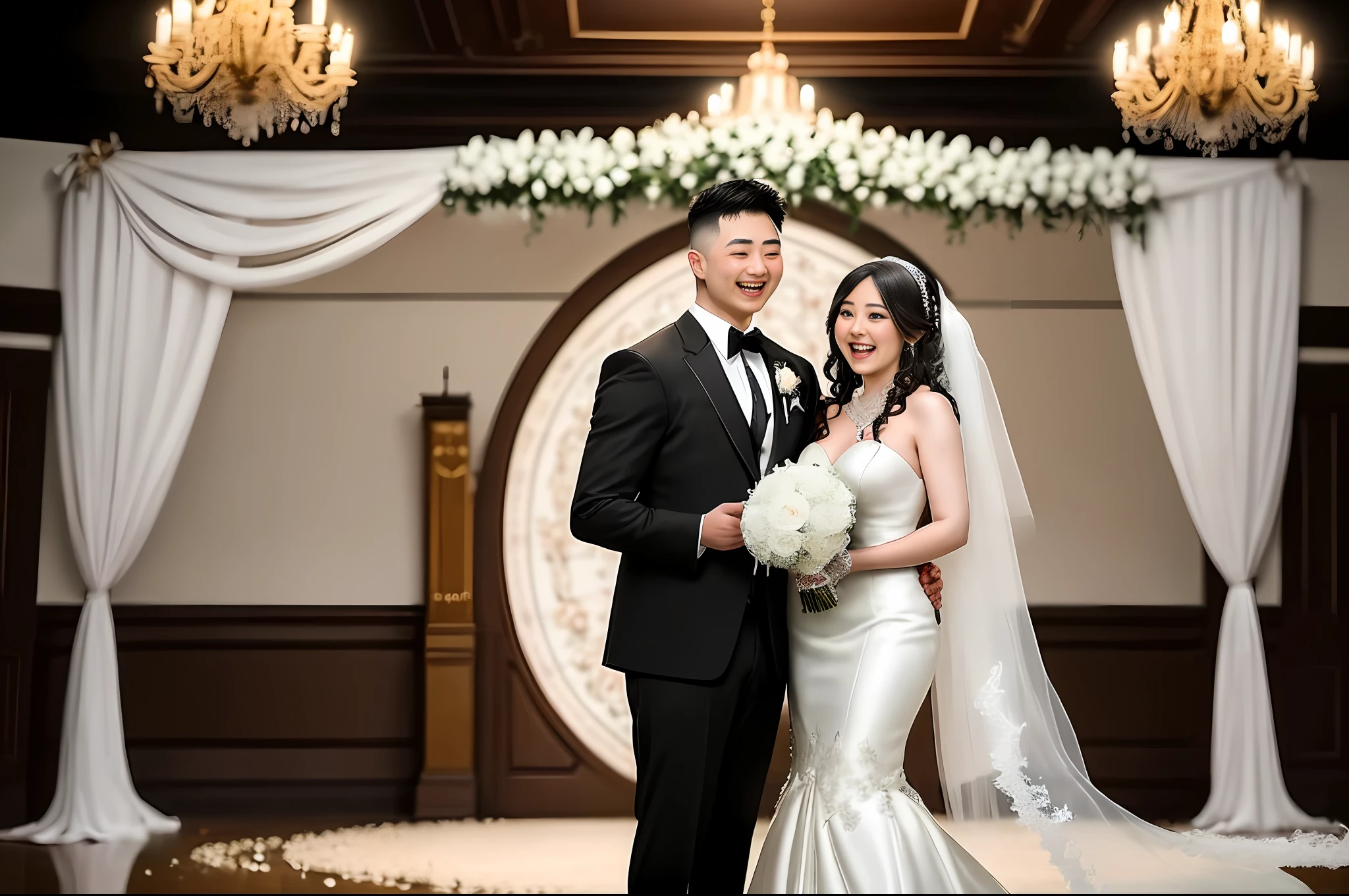 The picture depicts a traditional wedding ceremony set in an elegant and ornate indoor venue. The bride and groom stand at the center of the room, with the bride wearing a flowing white wedding gown and holding a bouquet of vibrant flowers. The groom is dressed in a sharp black tuxedo and looks at his bride, beaming with pure love and admiration. Surrounding them are their wedding guests, who are also dressed in their finest attire and radiating joy and happiness. The venue itself glows with luxurious adornments, such as sparkling chandeliers, intricate floral arrangements, and elegantly decorated tables. The focal point of the room is a beautifully decorated altar, complete with candles and lush greenery. The atmosphere is one of pure celebration and romance, capturing the unforgettable ambiance of a magical wedding day.