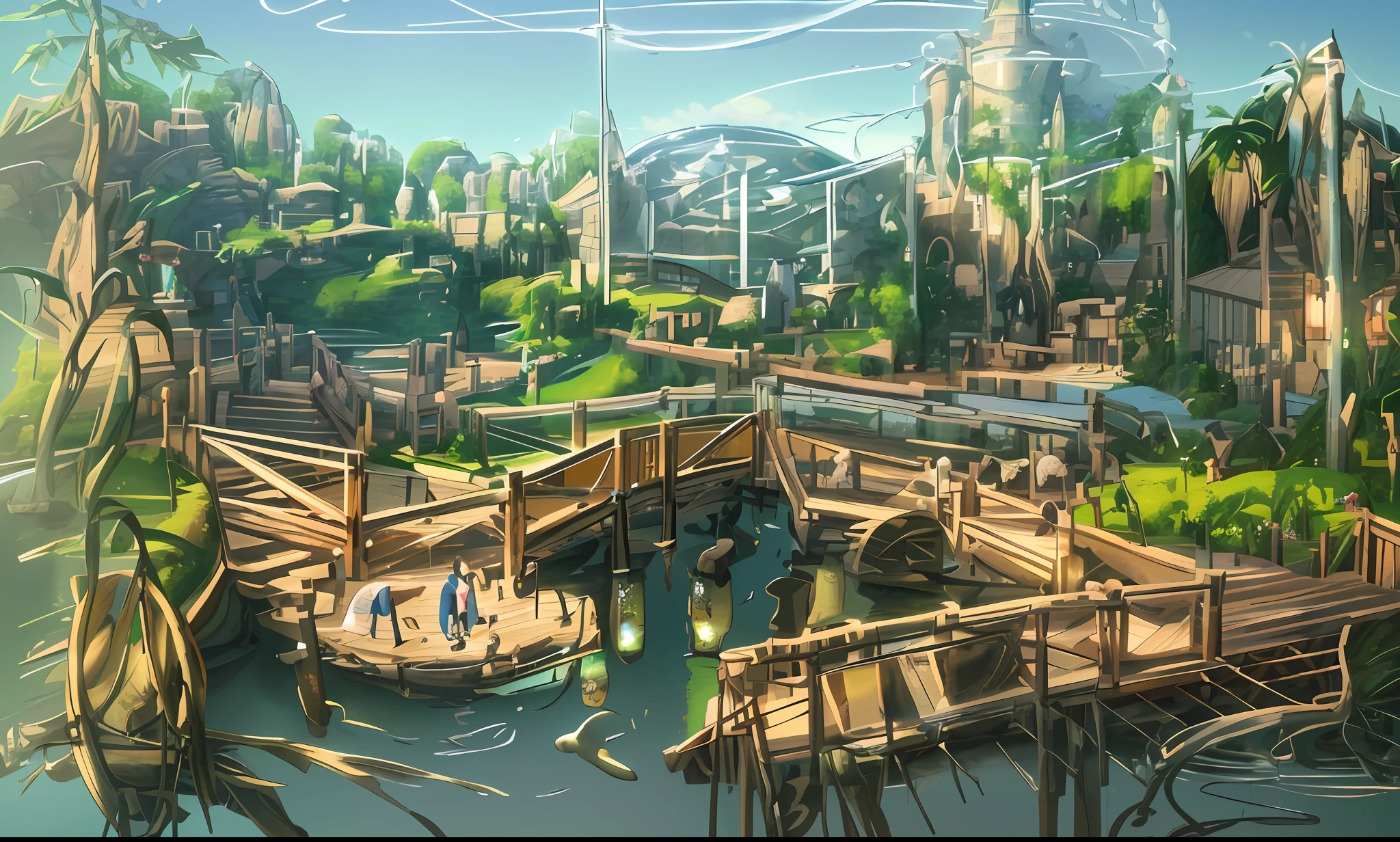 Studio Ghibli, HDR, DSLR, 16k resolution, Architectural rendering of an outdoor zoo on a sunny afternoon. The scene is set by a serene lake, its surface gently rippled, reflecting the clear blue sky and the greenery around. A rustic wooden bridge arches over the lake, families leisurely stroll across it, pausing occasionally to admire the view or point at the fish swimming underneath.To the right, a ((wooden boat))(wooden ship)is docked, accessible via the bridge. Its wood textures are rendered in meticulous detail, giving it a realistic, weathered look. Children can be seen frolicking on the boat, their movements captured in mid-action, adding a dynamic element to the scene.In the foreground, a group of three adults are engrossed in taking photographs, their poses and expressions meticulously modeled to enhance the lifelike feel of the scene. The lake is a lively spectacle of aquatic life, with fish, ducks, and other waterfowl animated in the scene, enhancing its natural ambiance.In the distant background, a glass-domed building stands imposingly, its glinting facade reflecting the afternoon sun. The building, rendered with glass and metal textures, contrasts sharply with the natural elements of the scene, providing a stunning visual balance in this (((3D architectural rendering)))