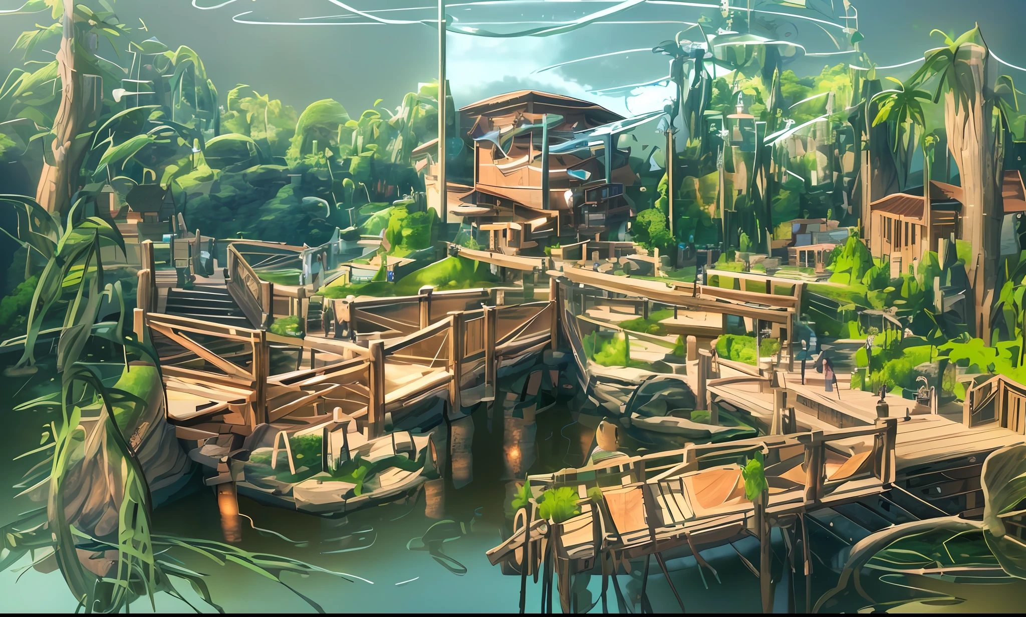 Studio Ghibli, HDR, DSLR, 16k resolution, Architectural rendering of an outdoor zoo on a sunny afternoon. The scene is set by a serene lake, its surface gently rippled, reflecting the clear blue sky and the greenery around. A rustic wooden bridge arches over the lake, families leisurely stroll across it, pausing occasionally to admire the view or point at the fish swimming underneath.To the right, a ((wooden boat))(wooden ship)is docked, accessible via the bridge. Its wood textures are rendered in meticulous detail, giving it a realistic, weathered look. Children can be seen frolicking on the boat, their movements captured in mid-action, adding a dynamic element to the scene.In the foreground, a group of three adults are engrossed in taking photographs, their poses and expressions meticulously modeled to enhance the lifelike feel of the scene. The lake is a lively spectacle of aquatic life, with fish, ducks, and other waterfowl animated in the scene, enhancing its natural ambiance.In the distant background, a glass-domed building stands imposingly, its glinting facade reflecting the afternoon sun. The building, rendered with glass and metal textures, contrasts sharply with the natural elements of the scene, providing a stunning visual balance in this (((3D architectural rendering)))