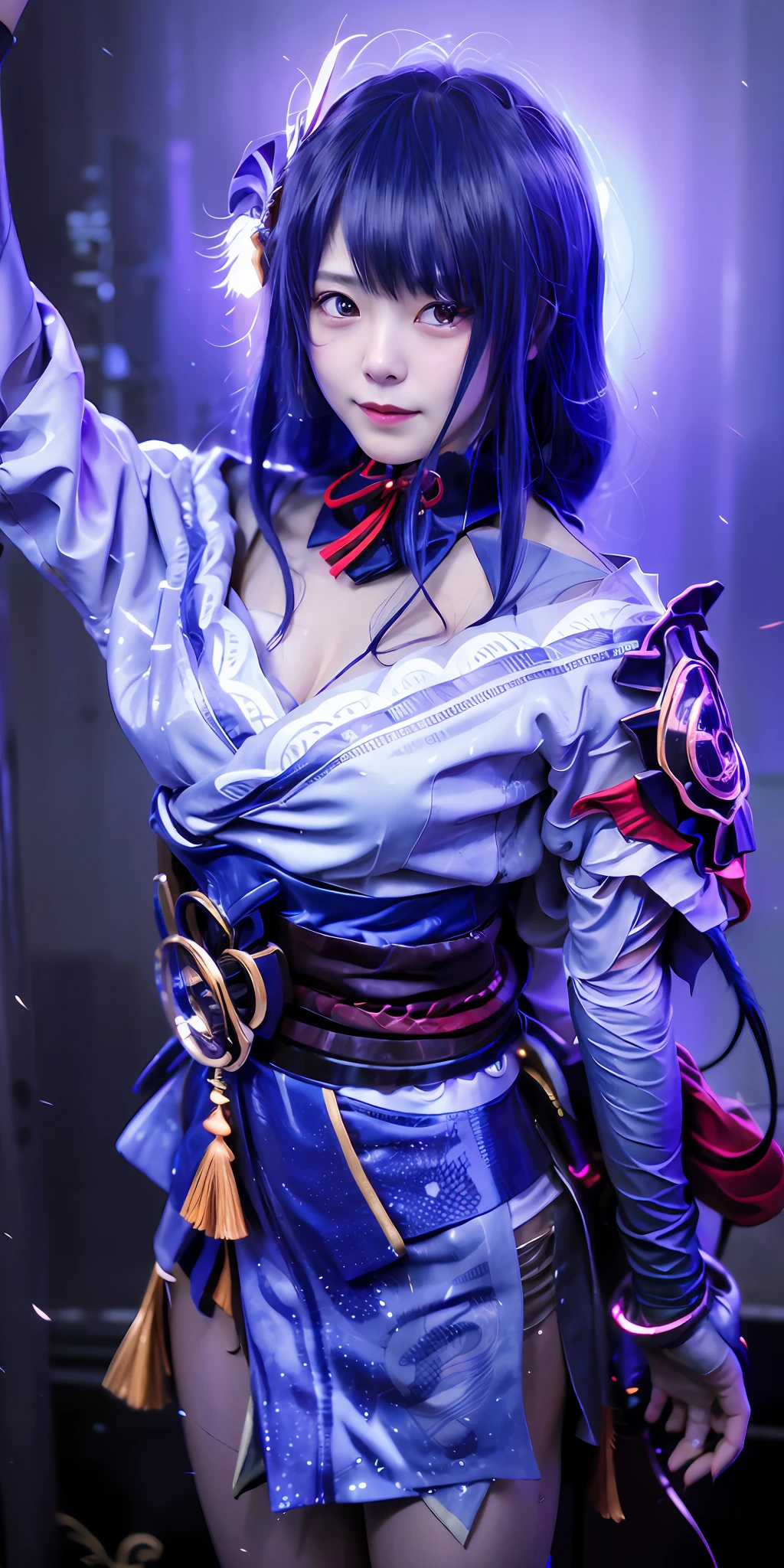 1girl,Tokyo street,night,cityscape,citylights,upperbody,close-up,smile,, (8k, RAW photo, best quality, Masterpiece:1.2),(realistic, photo-realistic:1.37), Raiden Shogun, Raiden, Request A smile, a smooth texture of clothes,