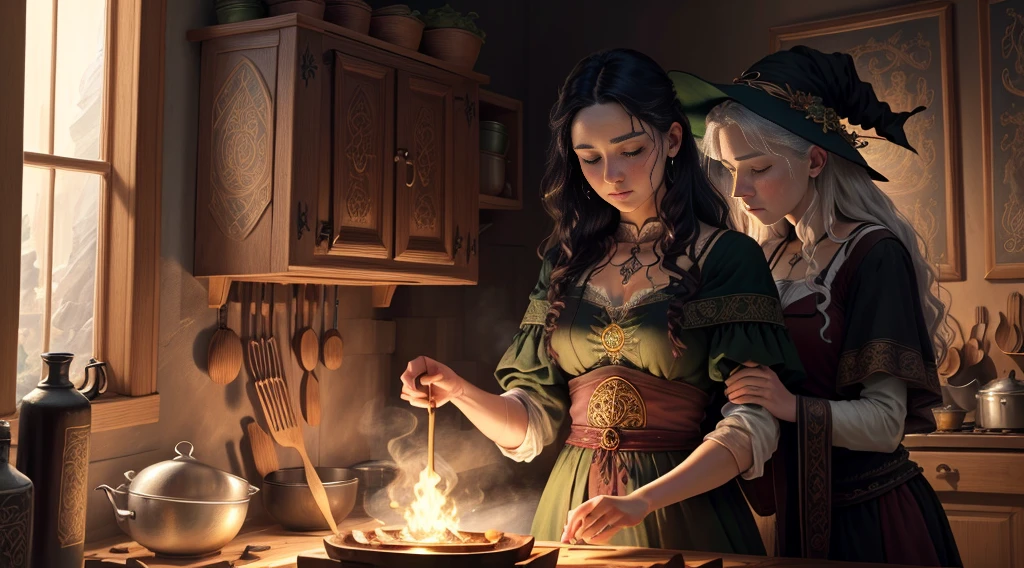 celtic witch, masterpiece, best quality, extremely delicate and beautiful witch, theater of world masterpieces, super detailed, very detailed, best quality, wicca, high resolution, extremely detailed, 1 girl, best quality, illustration, cooking dinner, impasto, canvas, magical sign, realistic, realistic, real, artistic anatomical hands, artistic anatomy