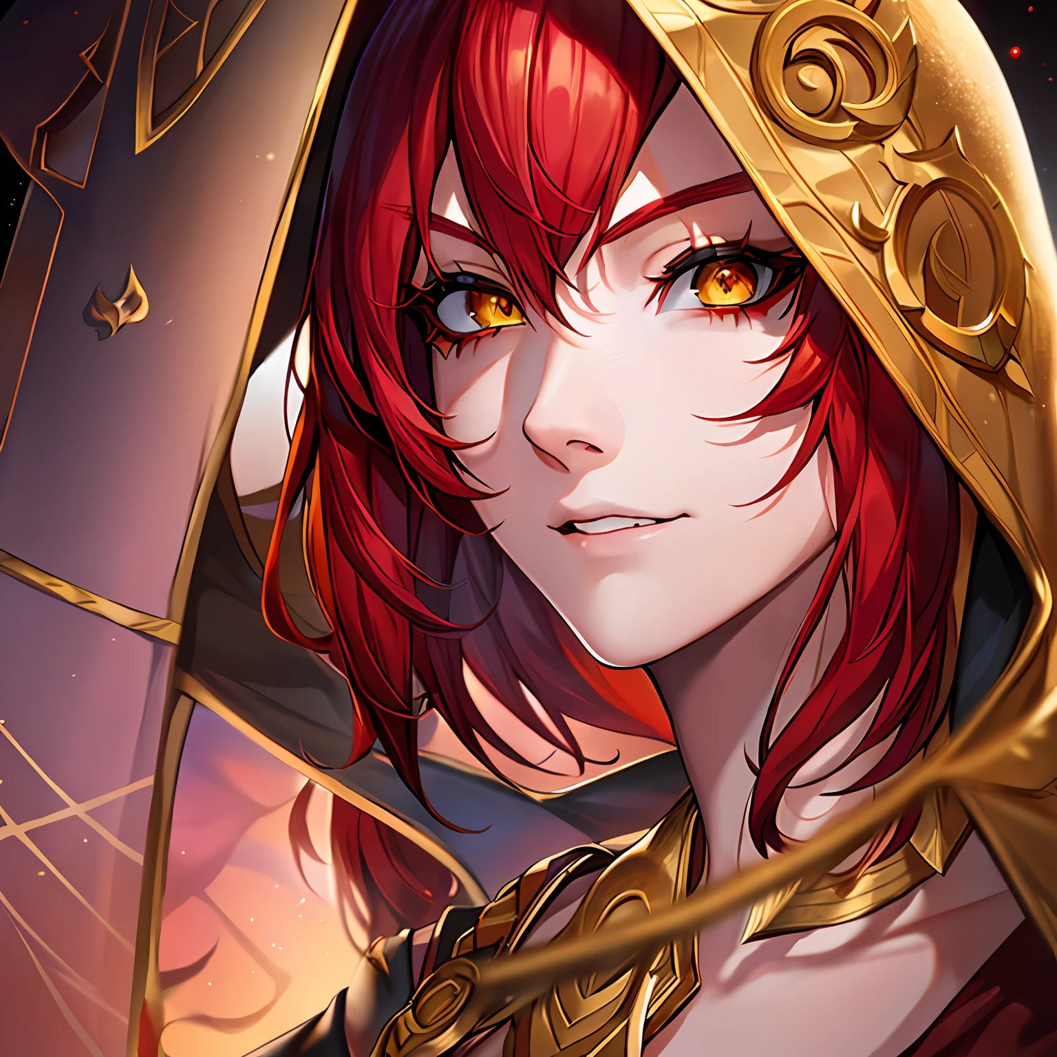 red hair, 1girl, yellow eyes, league of legends, xayah, face portrait, medium hair, solo focus, full dressed, Hood, hooded cloak, ears through headwea, animal ears, detail and realism, detail face, 4k, (detailed eyes), --v 6