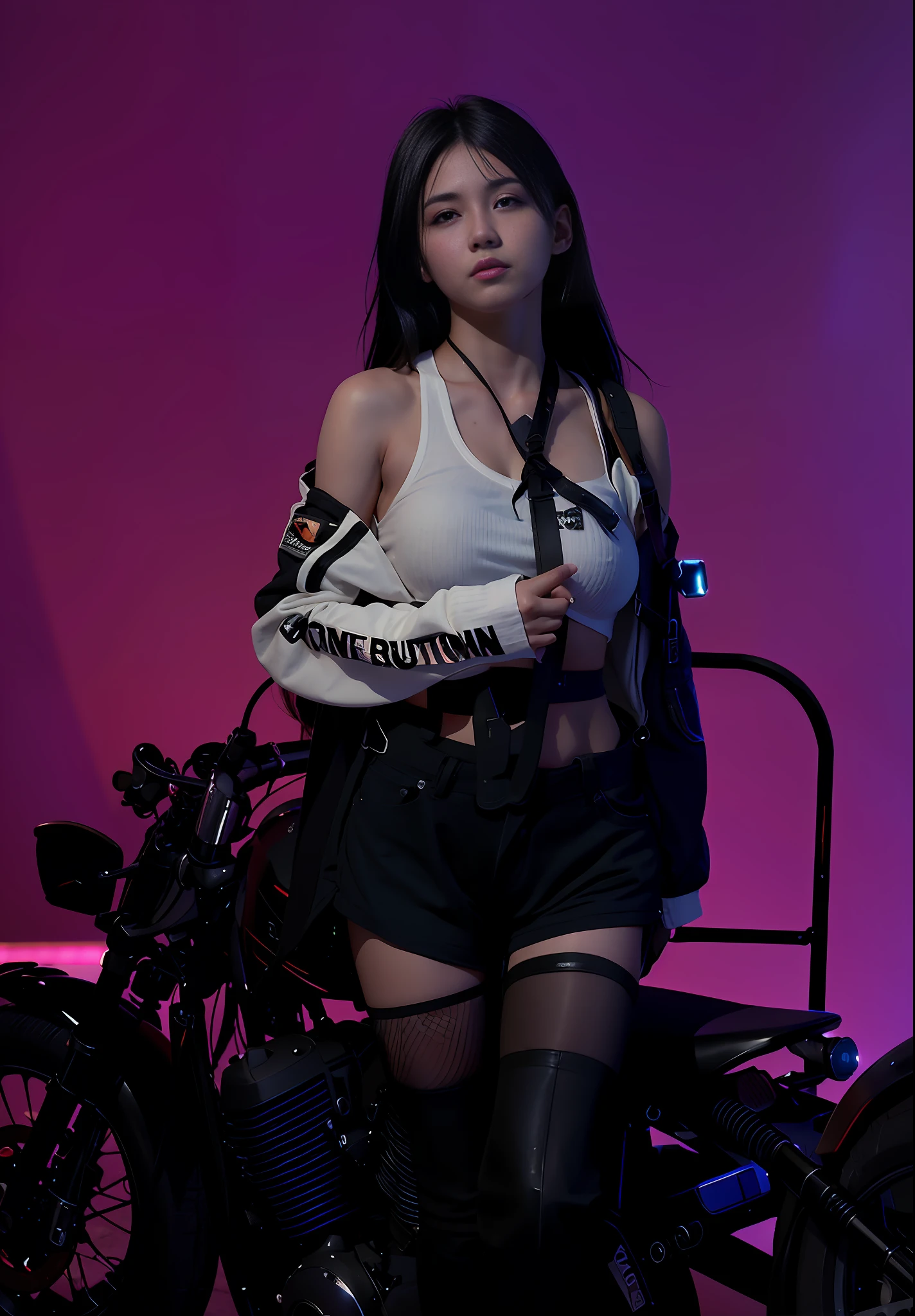 there is a woman in a white shirt and black shorts posing next to a motorcycle, shot on canon eos r5, shot on canon eos r 5, taken with canon eos 5 d, taken with a canon eos 5d, taken with a canon eos 5 d, concept photoset, taken with sony alpha 9, photograph of a techwear woman