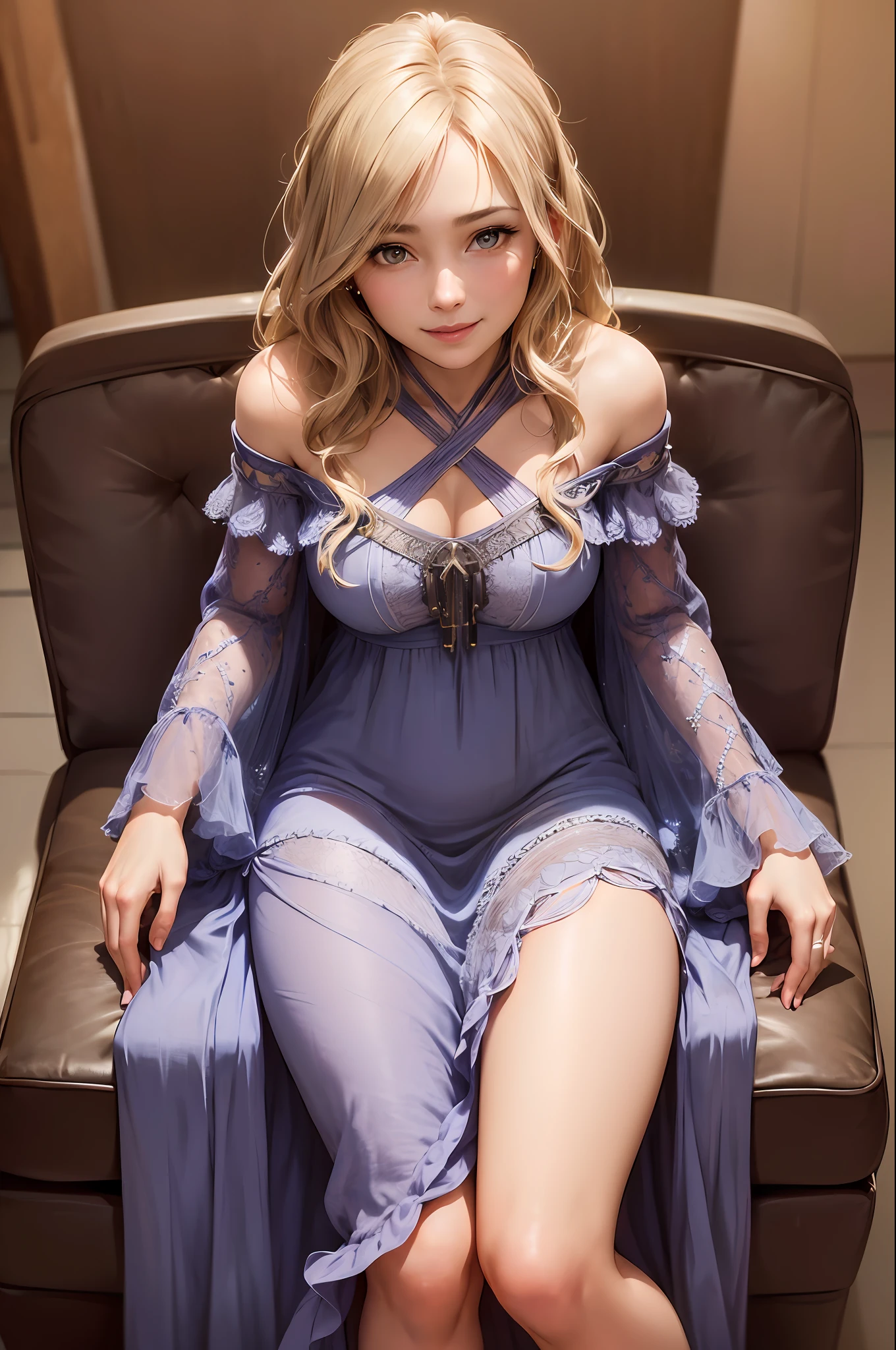 full body shot of (woman Sitting cross-legged on a chair or sofa and wearing a flowy maxi dress small smiling), (detailed realistic face), (((hyperdetailed))), zoomed out, symmetrical face, detailed pupil, expressive eyes, Casey Baugh, Michael Garmash, Sophie Anderson, hasui kawase, makeup, real photography, modern look, Real photography (Realisitc:1.5)