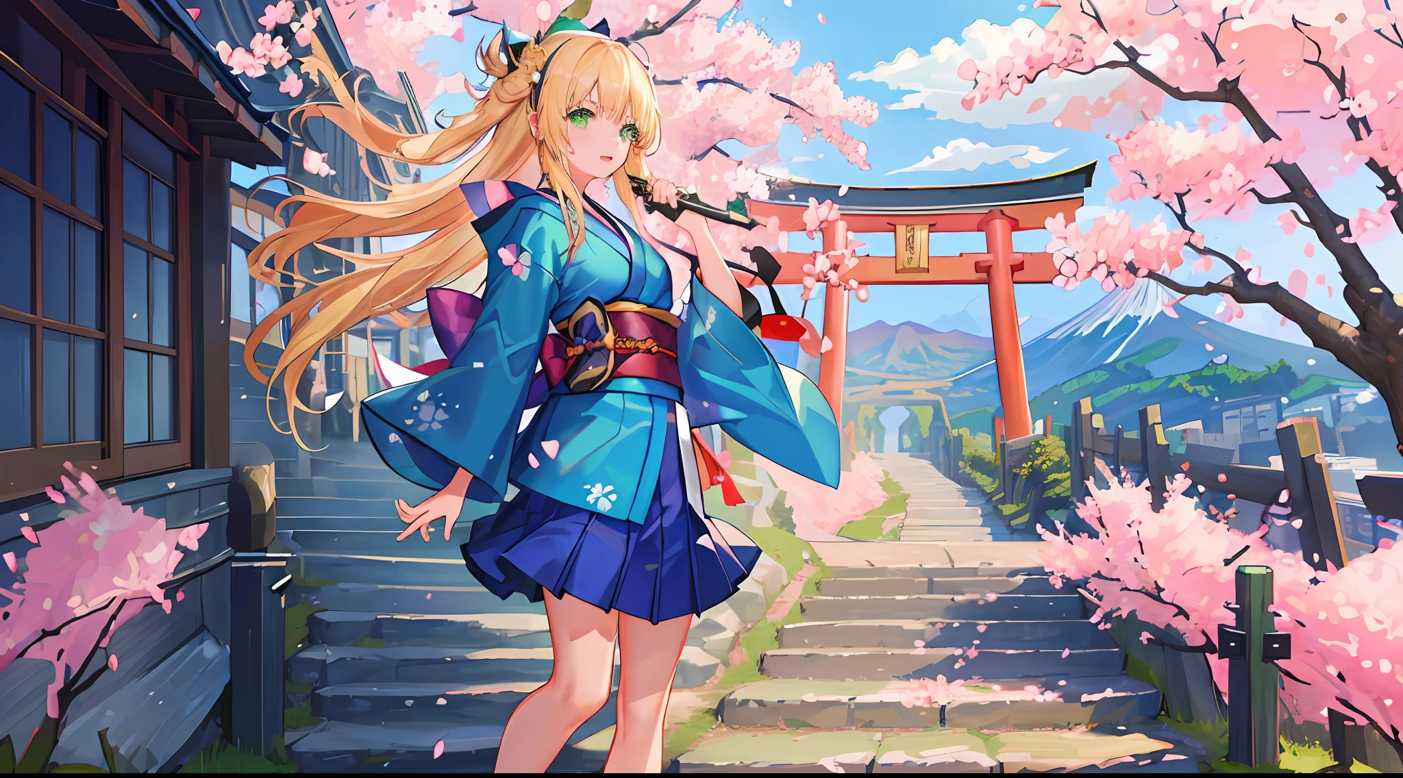 ((masterpiece, best quality, high resolution, super resolution, super detailed, ultra detailed, rich background)), 1girl, solo, green eyes, blonde long hair tied with blue ribbon, blunt bangs, highschool girl, medium breast, japanese clothes, blue short kimono, sandals, ribbon, obi, (outdoor), cherry blossom, torii gate, stone staircase, afternoon, cherry blossoms fall, dramatic light, cloudy, fuji scenery