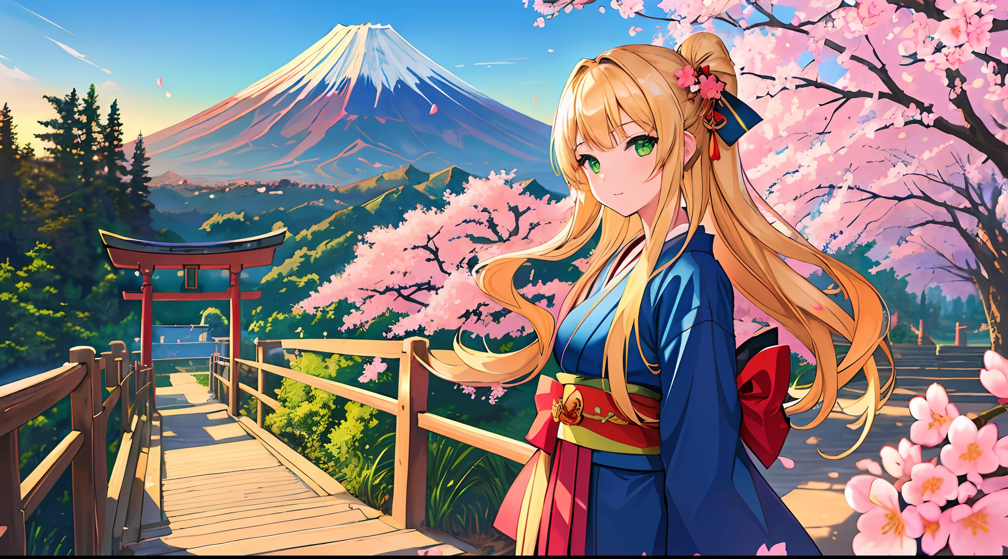 ((masterpiece, best quality, high resolution, super resolution, super detailed, ultra detailed, rich background)), 1girl, solo, green eyes, blonde long hair tied with blue ribbon, blunt bangs, highschool girl, medium breast, japanese clothes, blue short kimono, sandals, ribbon, obi, (outdoor), cherry blossom, torii gate, stone staircase, afternoon, cherry blossoms fall, dramatic light, cloudy, fuji scenery