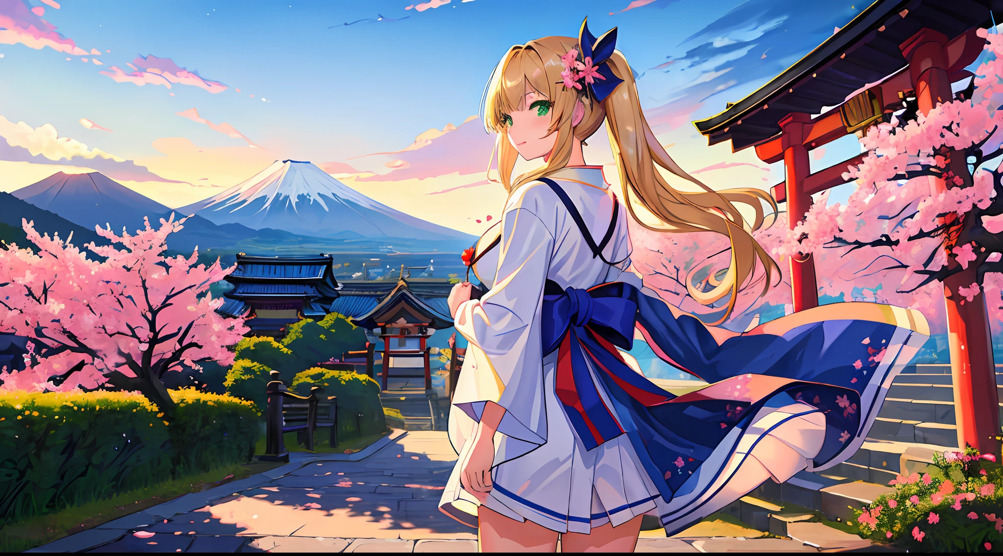 ((masterpiece, best quality, high resolution, super resolution, super detailed, ultra detailed, rich background)), 1girl, solo, green eyes, blonde long hair tied with blue ribbon, blunt bangs, highschool girl, medium breast, japanese clothes, blue short kimono, sandals, ribbon, obi, (outdoor), cherry blossom, torii gate, stone staircase, afternoon, cherry blossoms fall, dramatic light, cloudy, fuji scenery