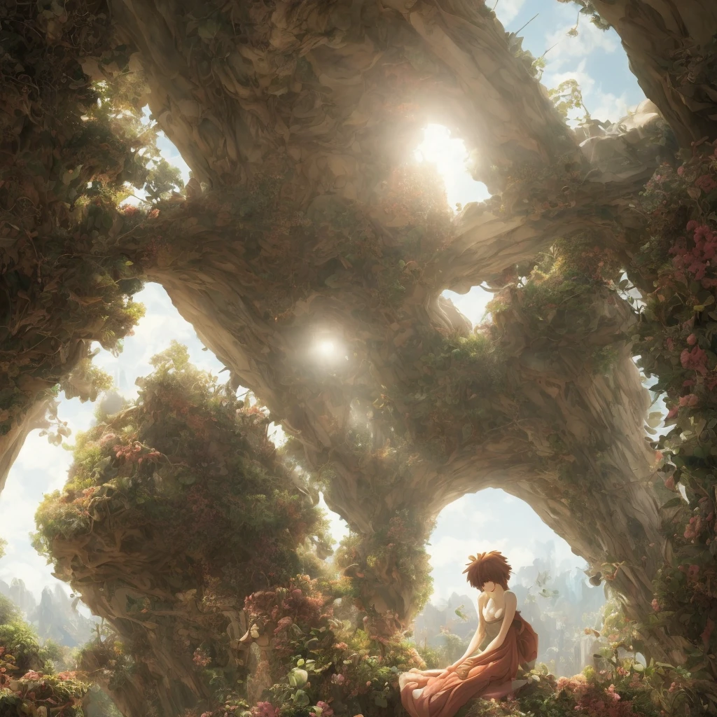 Big ginger fluffy cat cuddles woman with long ginger stripes, perfect anatomy, perfect eyes, perfect face, high detail, high definition drawing, high resolution, HD, 16k, well-drawn, fine detail, sunlight, beautiful landscape, fantasy landscape, matte painting, complex details, high detail, high fidelity, ray traced reflections, intricate complexity, photorealistic, Makoto Shinkai Peter Kemp Mucha print, soft natural volume cinematic flawless light, light shadow, cinematic wallpaper, super detailing, photorealism