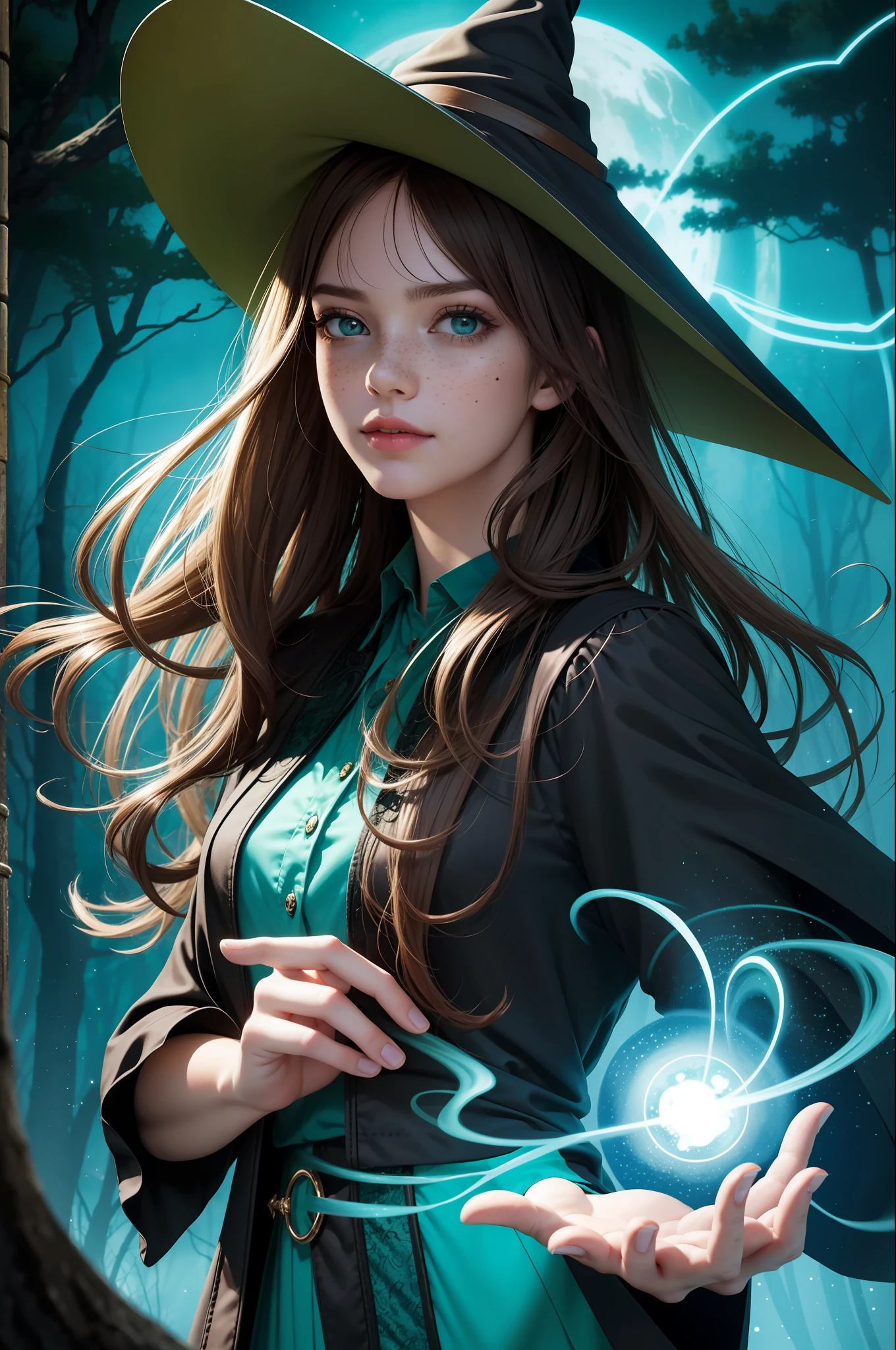(best quality, masterpiece, realistic, detailed), 8k CG, perfect artwork, 1 girl, adult hungarian woman, slender, freckles, solo, teal eyes, light brown long hair, portrait, looking down, solo, (full body:0.6), detailed background, light smile, witch hat, witch, magical atmosphere, hair flowing in the wind, green trimmed dark colored clothes, colorful glowing magic spell in the air, swirling portal, dark magic, (style-swirlmagic:0.8), floating particles, dark sinister forest background, updraft, backlighting,